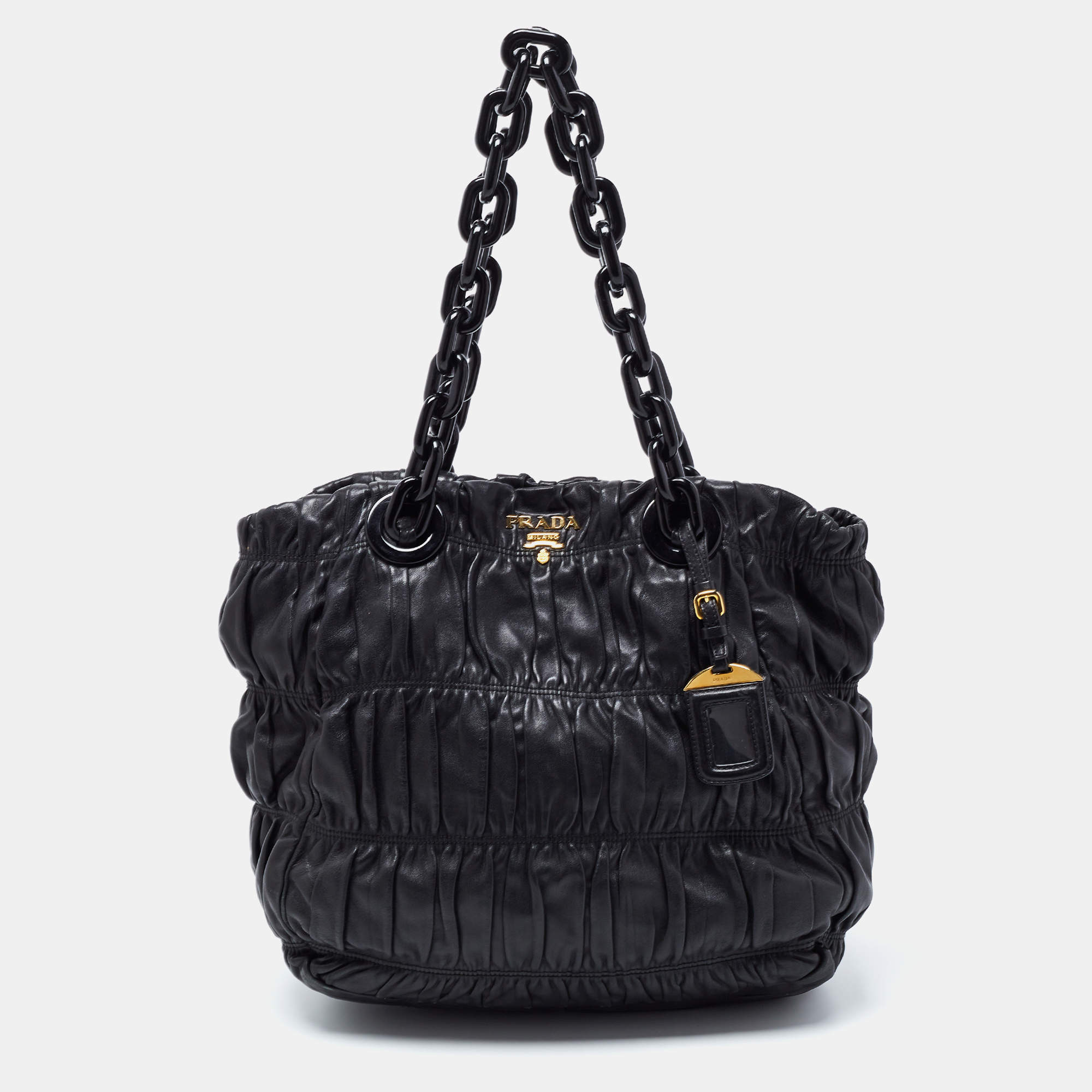 Pre Owned Prada Black Gaufre Leather Chain Tote