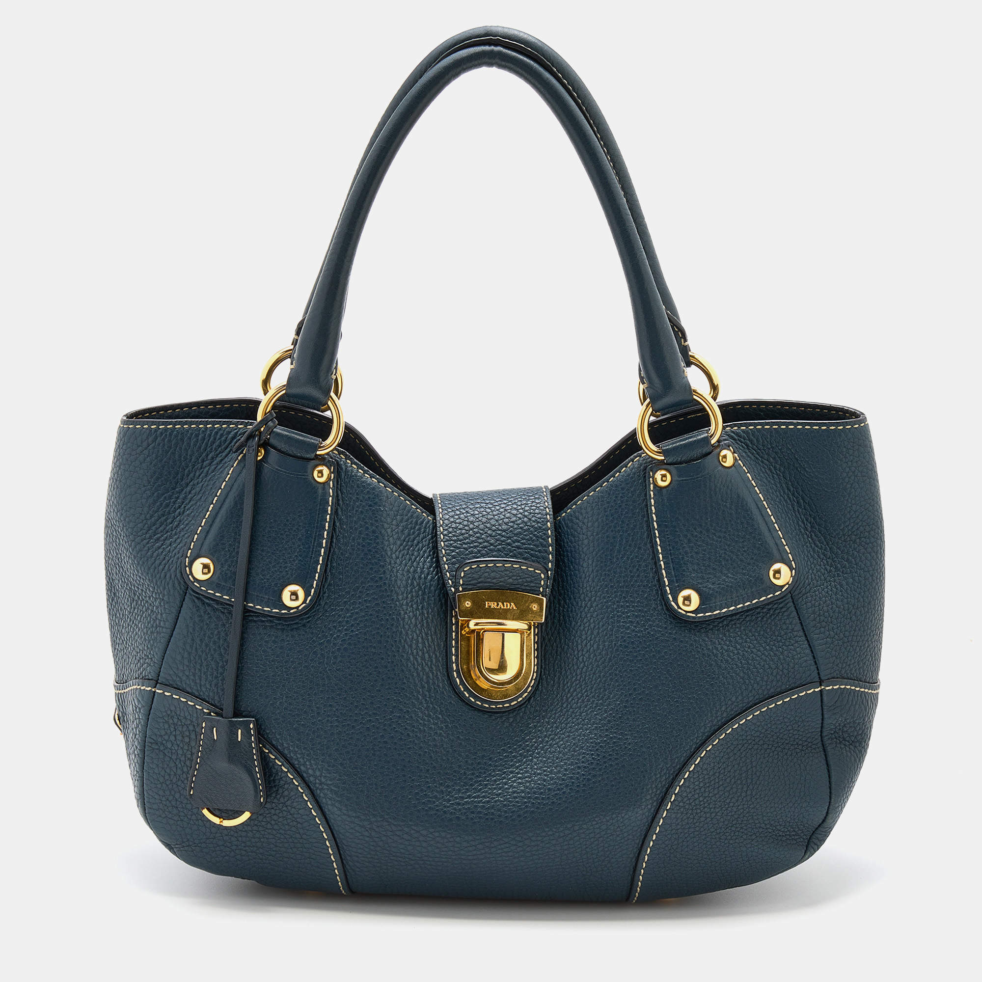 Prada Blue Vitello Daino Leather Tote