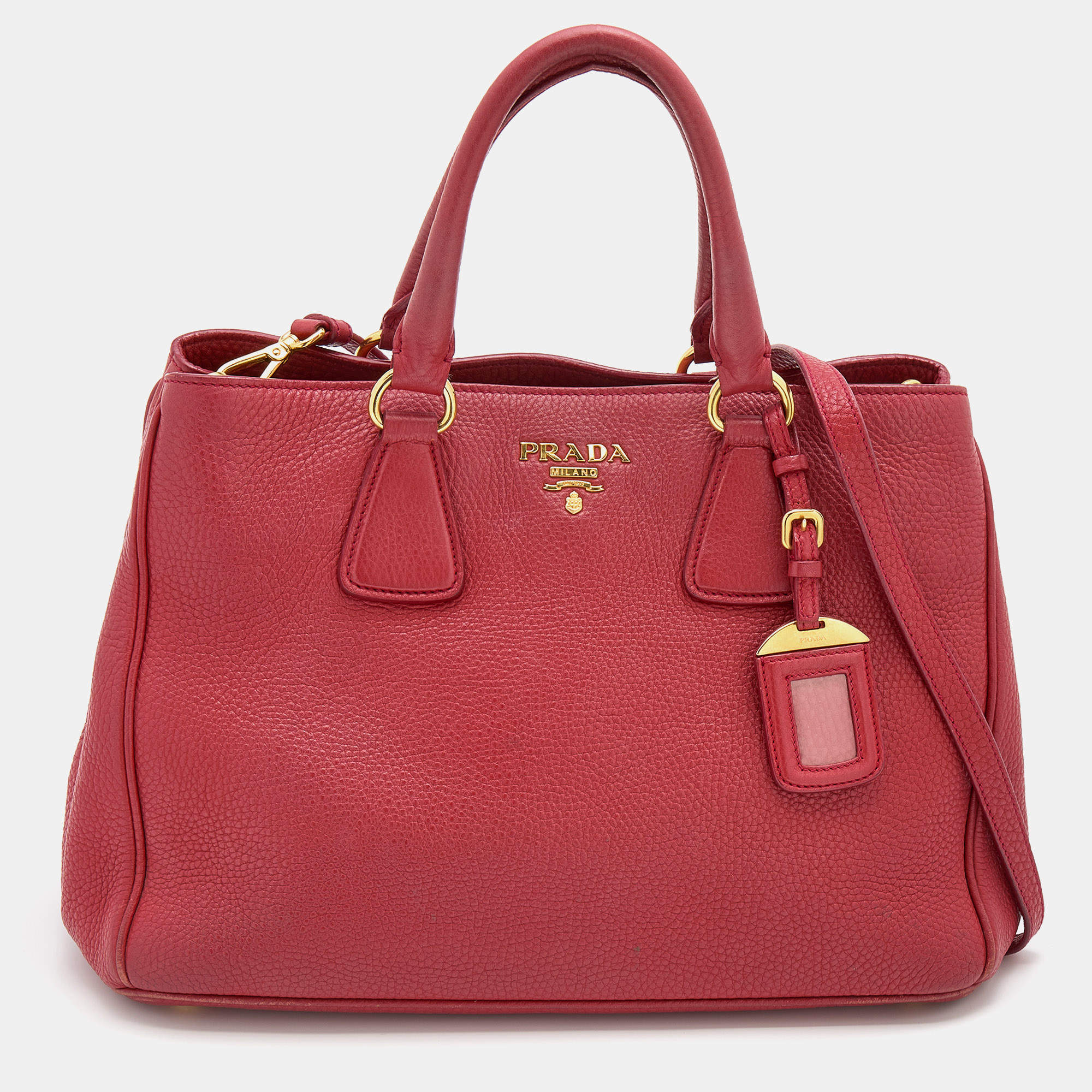 Pre Owned Prada Red Vitello Daino Leather Shopper Tote