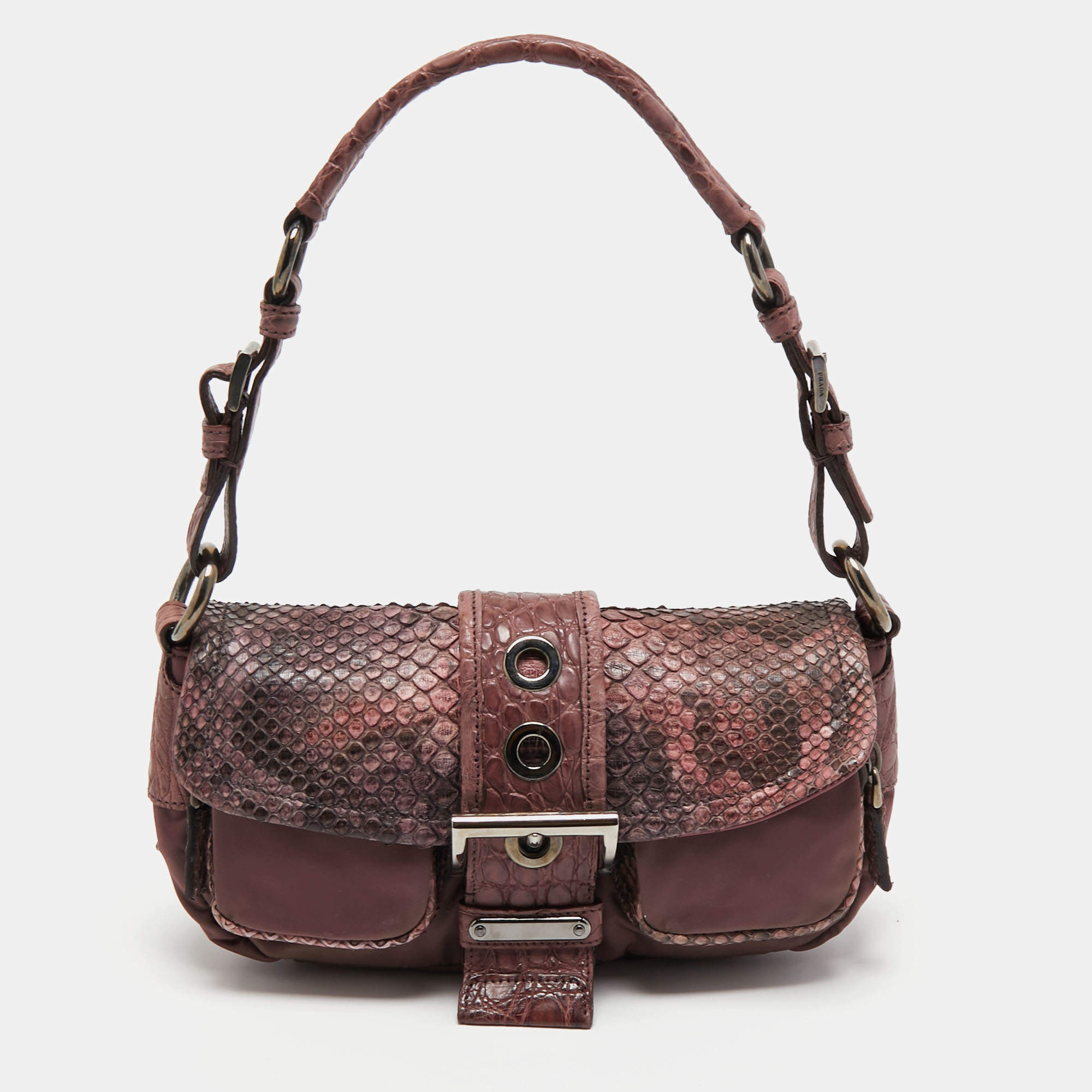 Pre Owned Prada Purple Nylon, Python and Crocodile Leather Buckle Flap Baguette Bag
