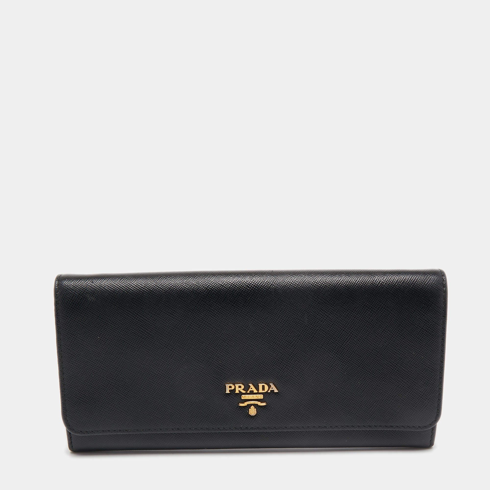 Pre Owned Prada Black Saffaino Leather Flap Continental Wallet