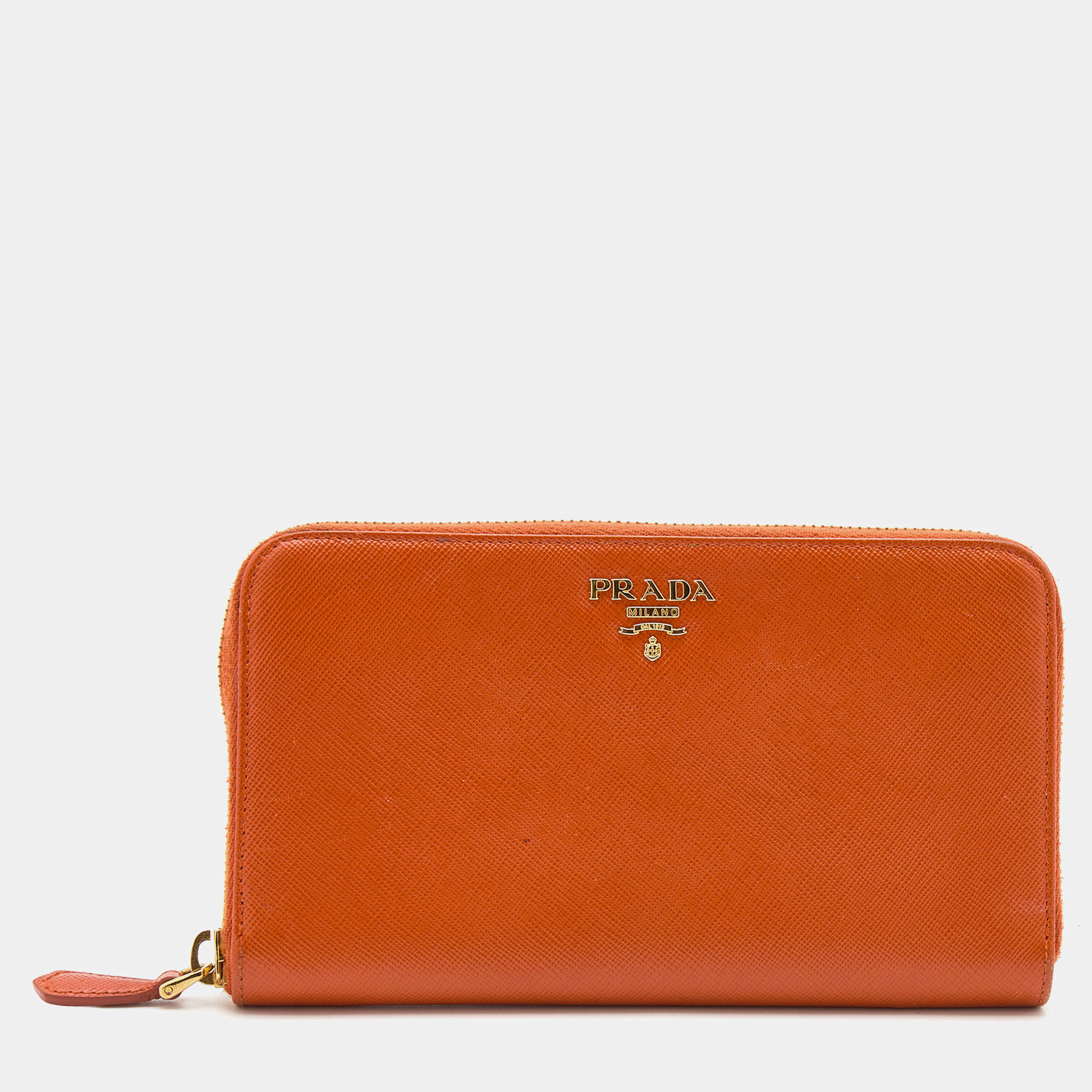 Pre Owned Prada Orange Saffiano Leather Zip Around Wallet