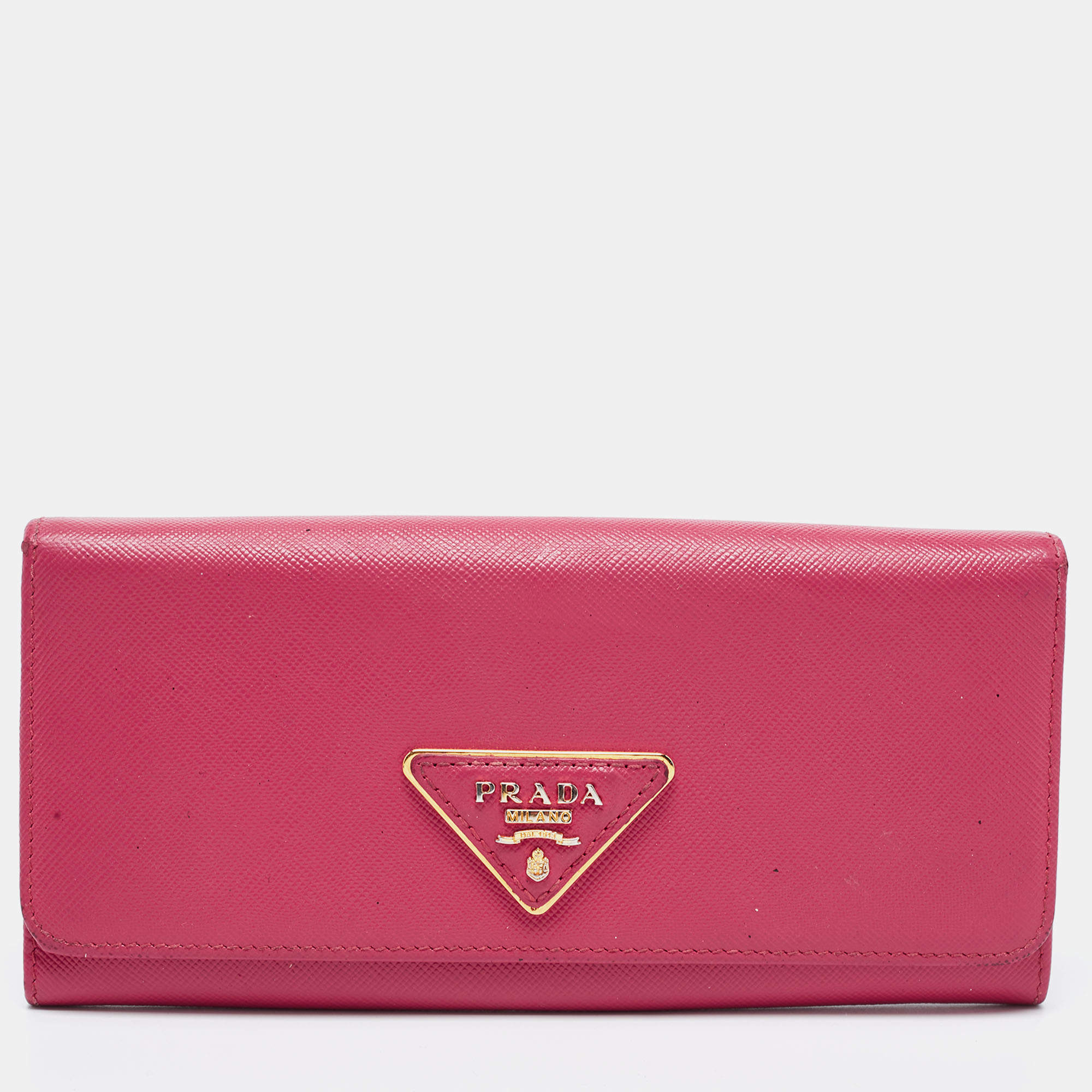 Pre Owned Prada Pink Saffiano Metal Leather Flap Continental Wallet