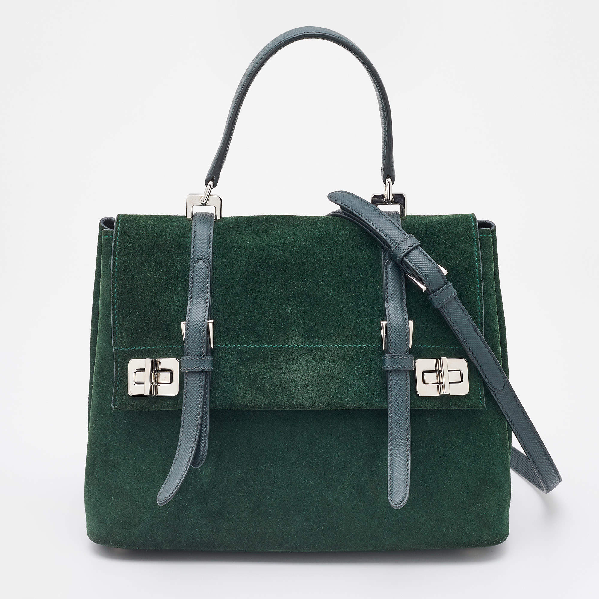 Pre Owned Prada Green Suede Top Handle Bag