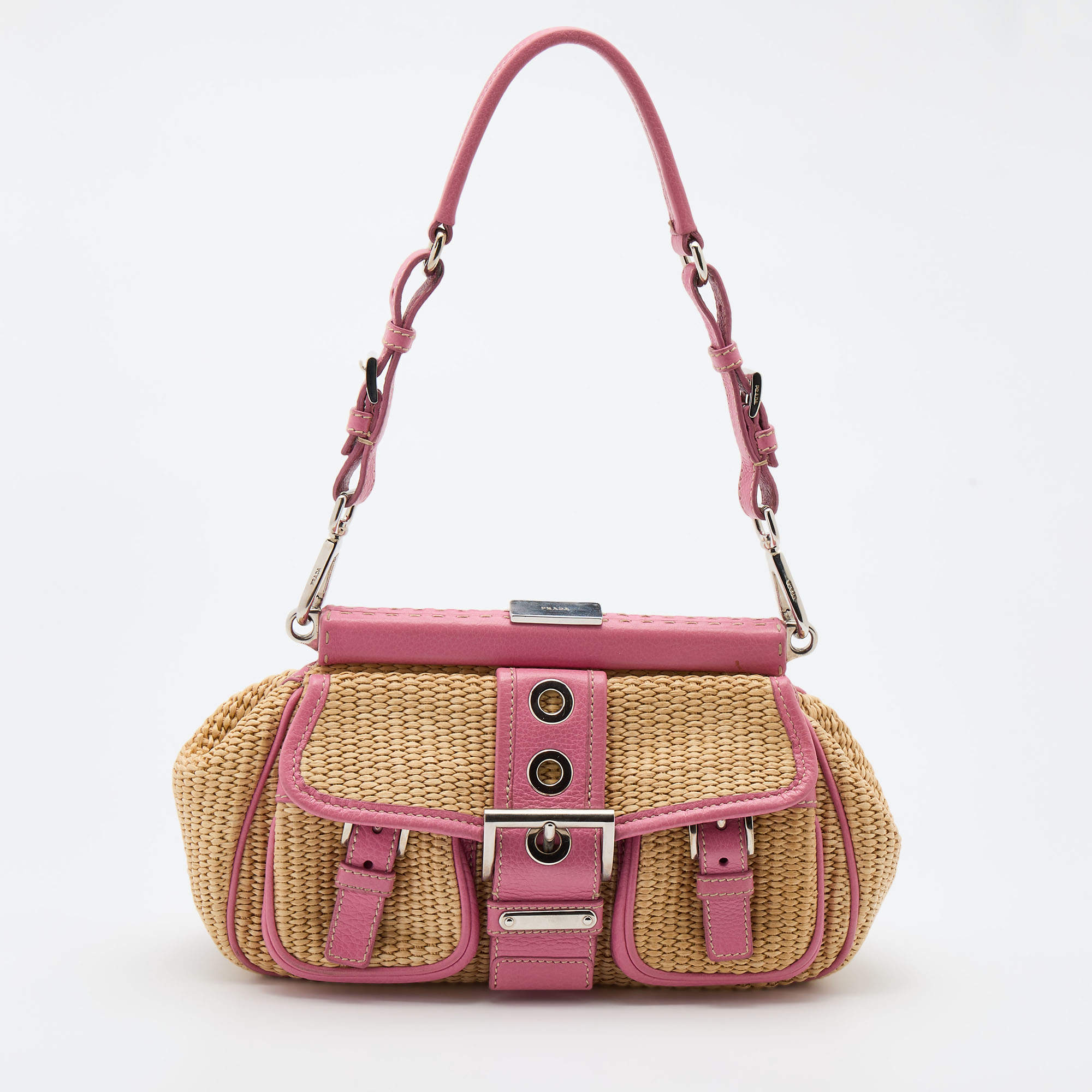 Pre Owned Prada Beige/Pink Woven Straw and Leather Shoulder Bag