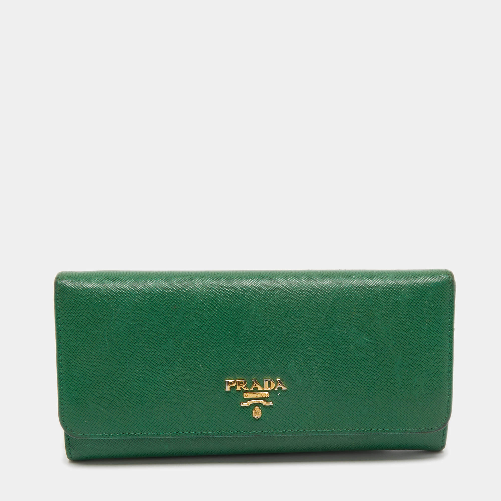 Pre Owned Prada Green Saffiano Lux Leather Logo Flap Continental Wallet
