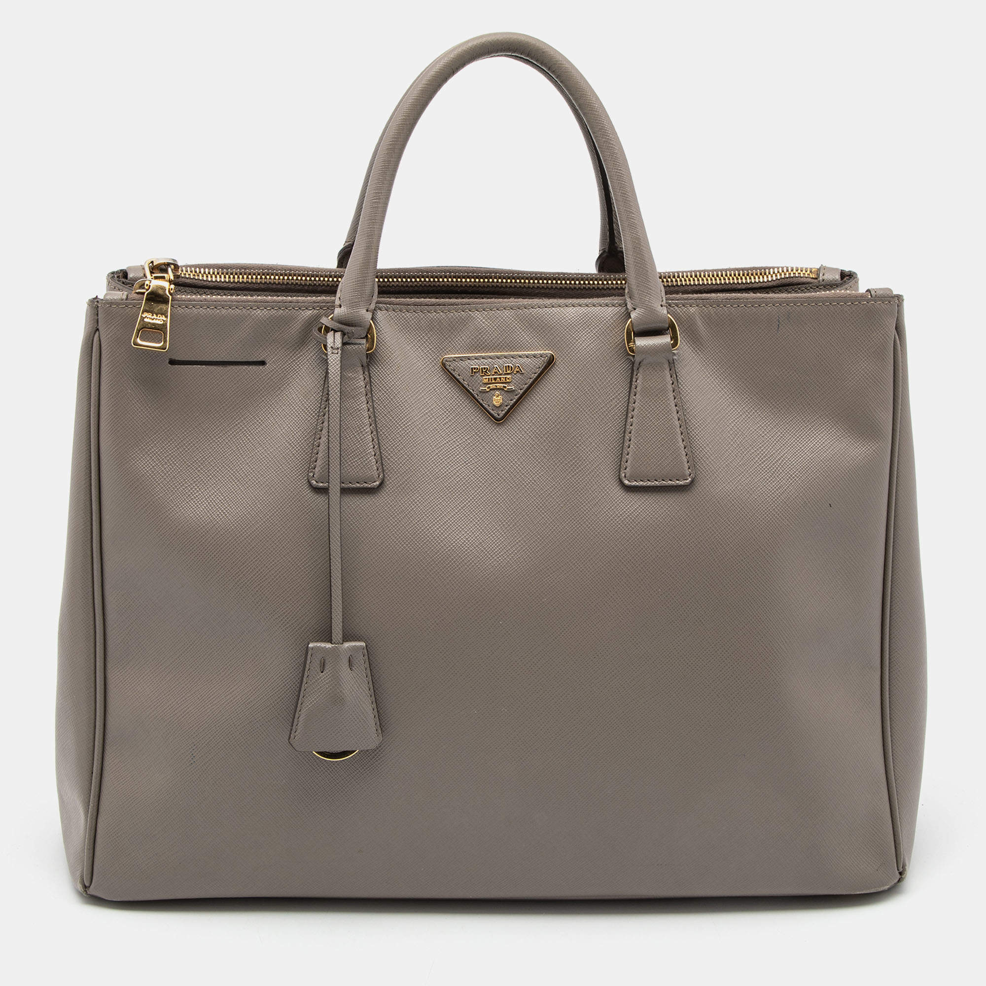Pre Owned Prada Dark Beige Saffiano Lux Leather Large Galleria Double Zip Tote