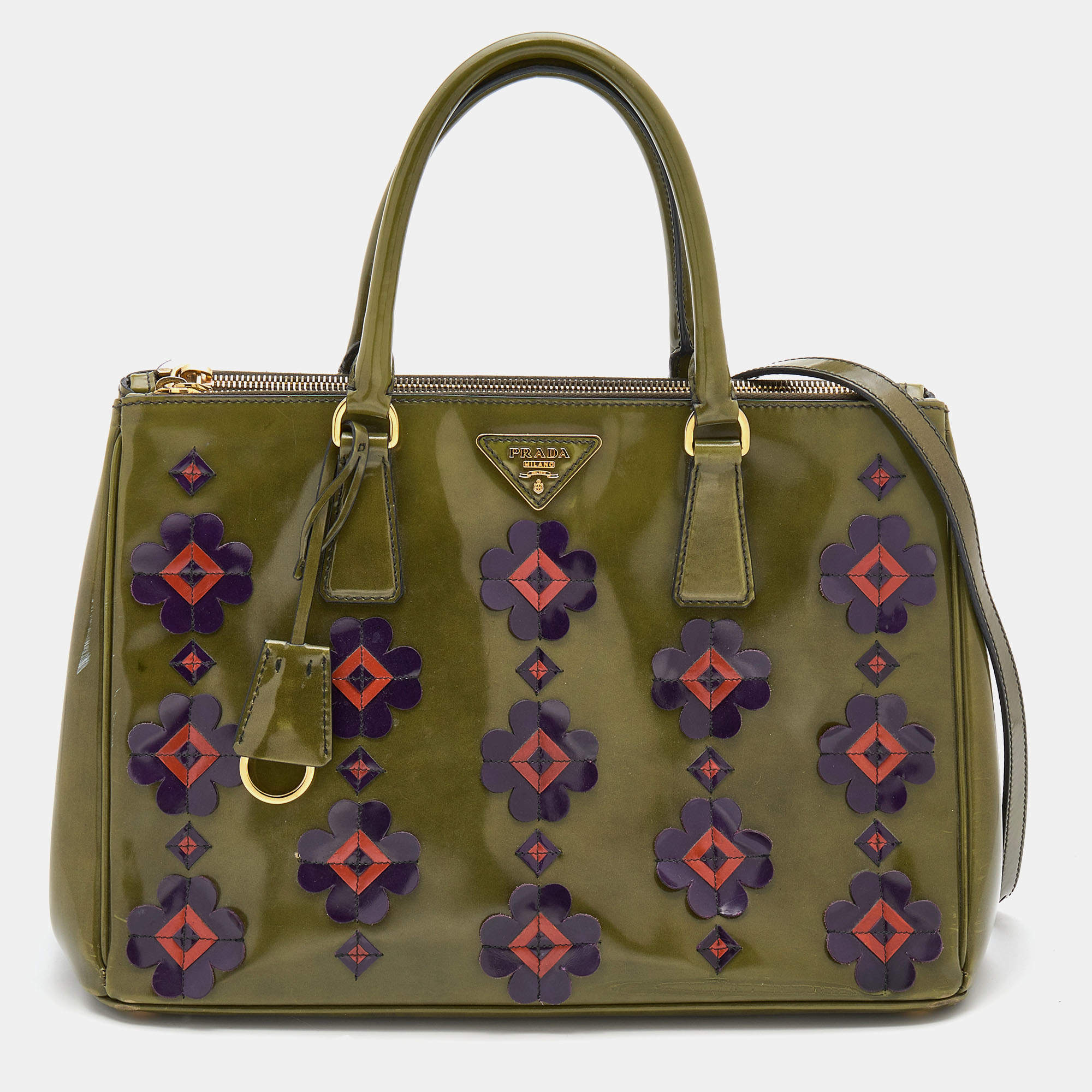 Pre Owned Prada Green Floral Applique Patent Leather Medium Double Zip Tote