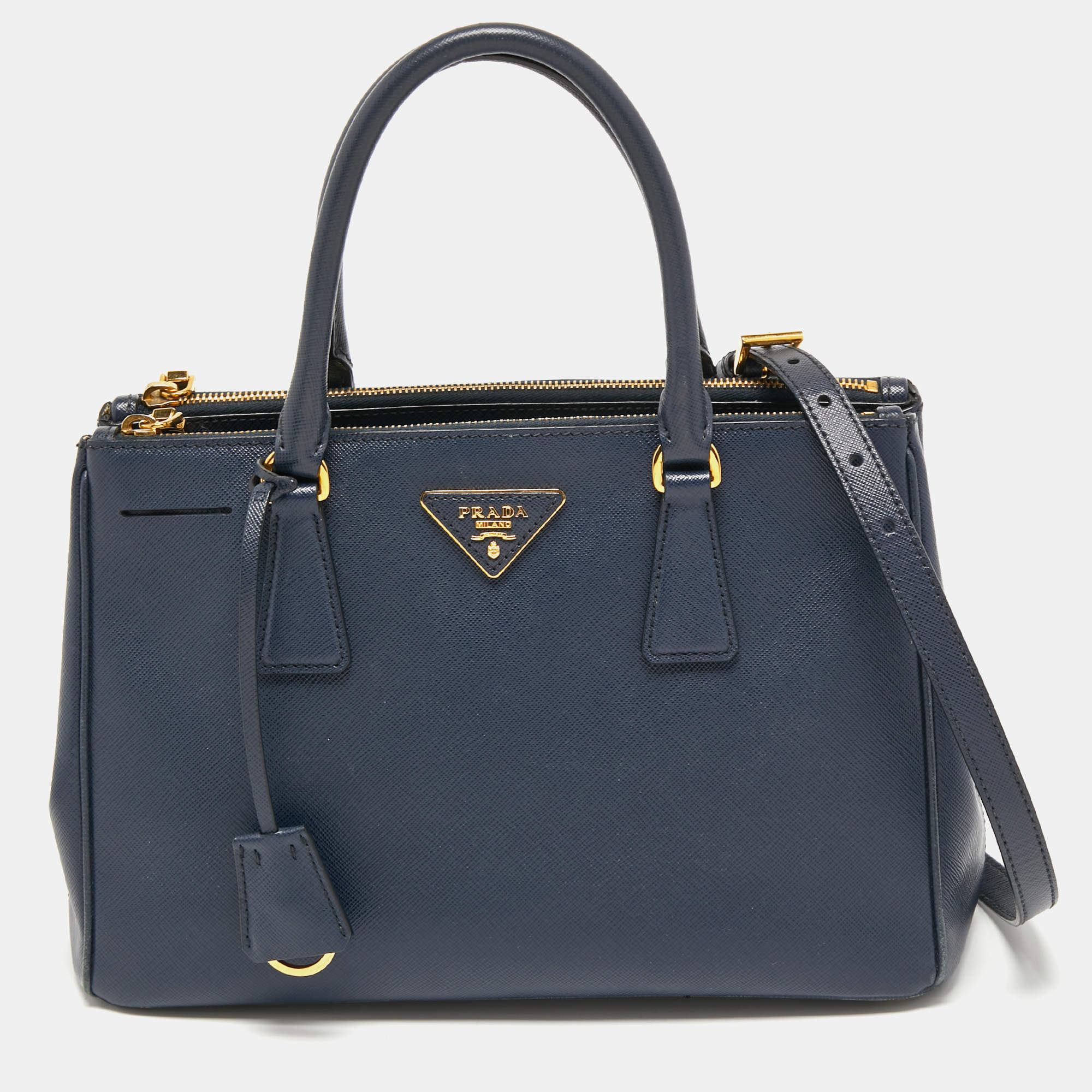 Pre Owned Prada Blue Saffiano Leather Small Double Zip Tote