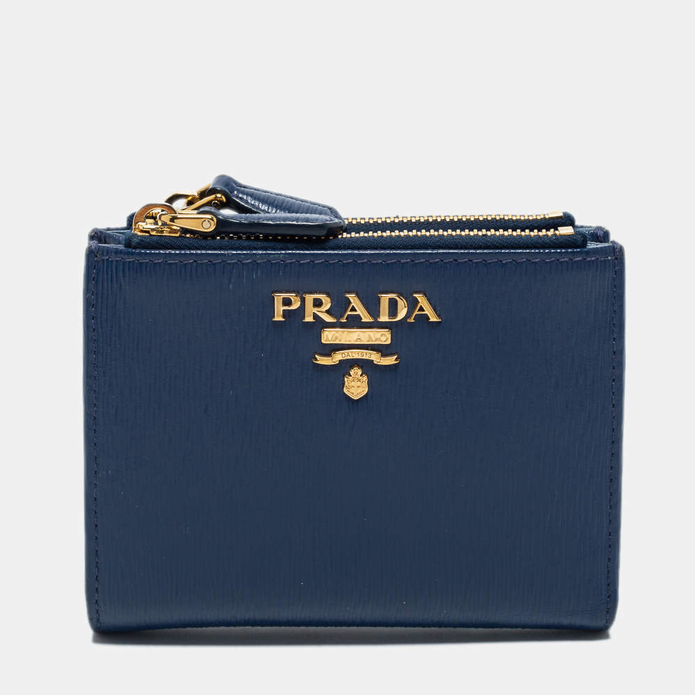 Prada Two Tone Blue Move Leather Double Zip Bifold Wallet