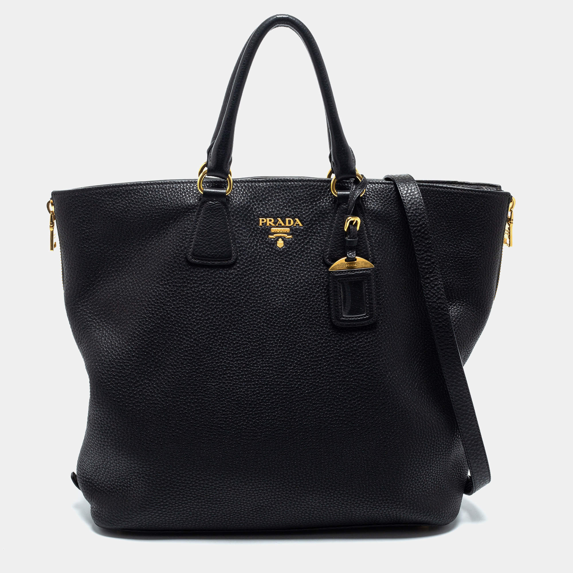 Pre Owned Prada Black Vitello Diano Leather Side Zip Shopper Tote