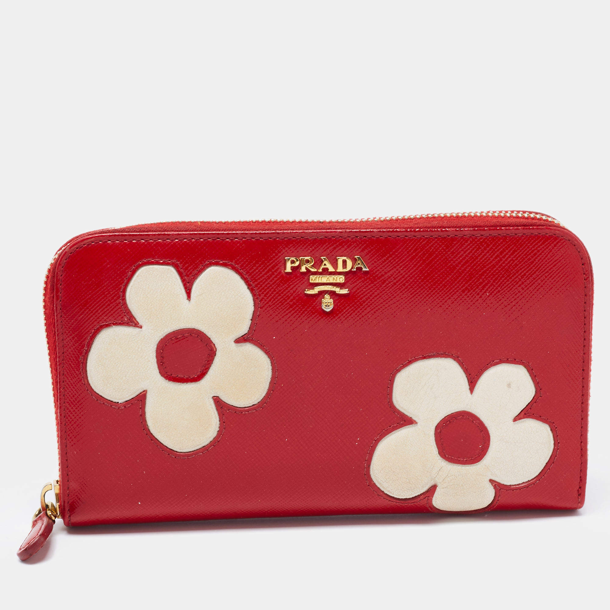 Pre Owned Prada Red Saffiano Patent Leather Zip Around Wallet 