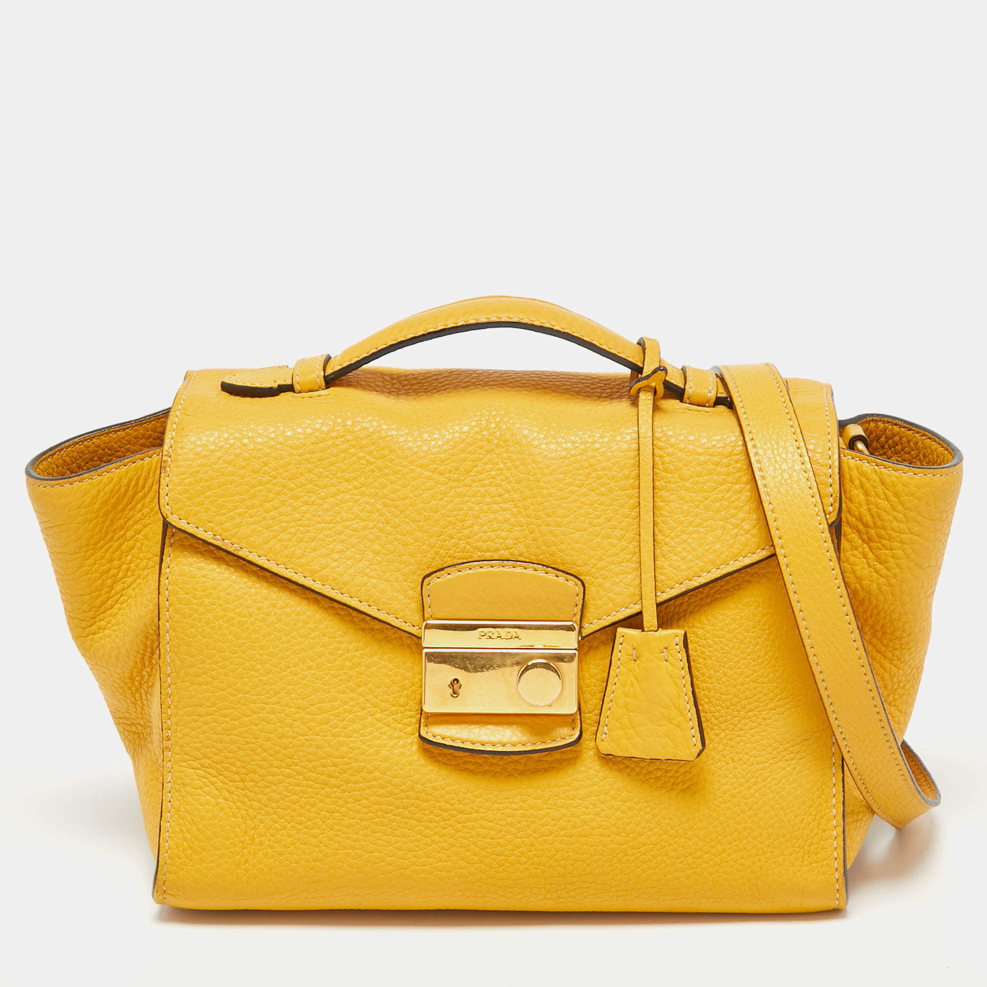 Pre Owned Prada Yellow Vitello Daino Leather Sound Flap Top Handle Bag