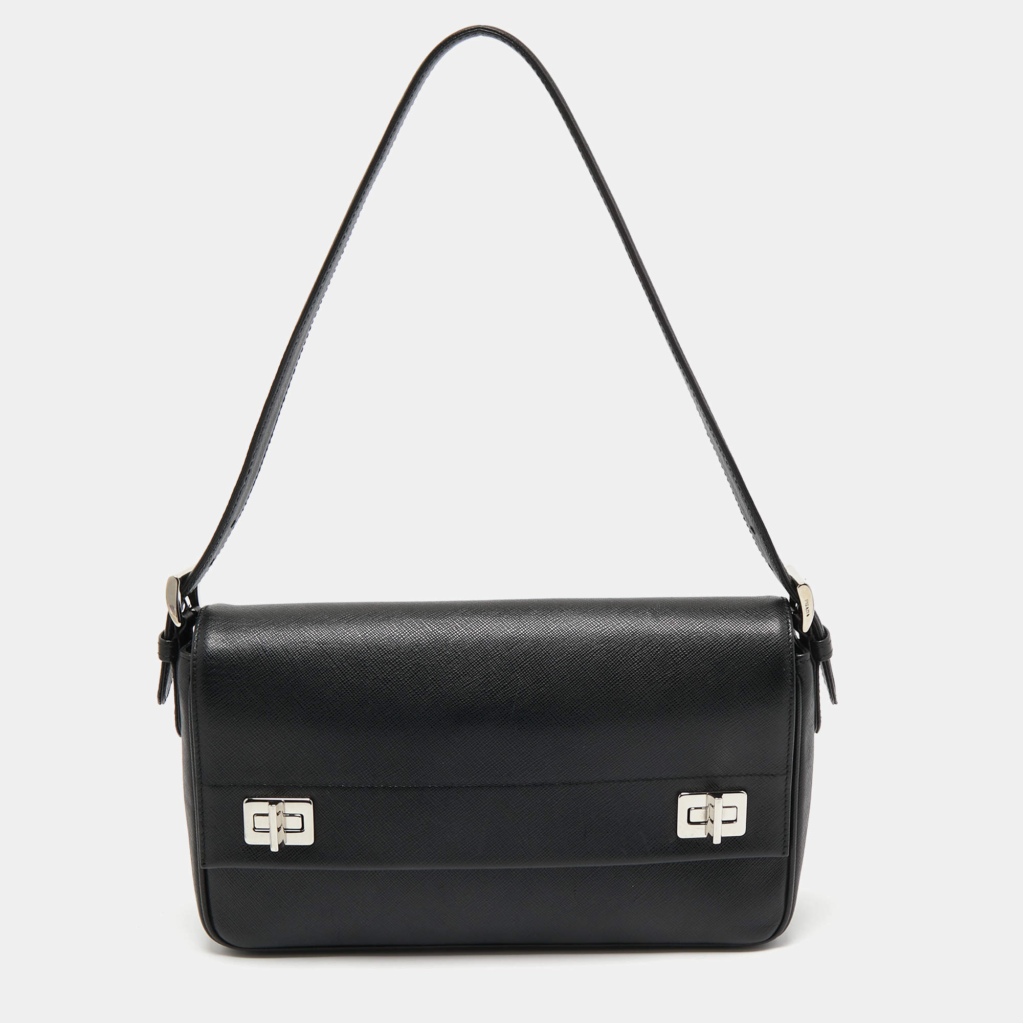 Pre Owned Prada Black Saffiano Leather Double Turnlock Shoulder Bag