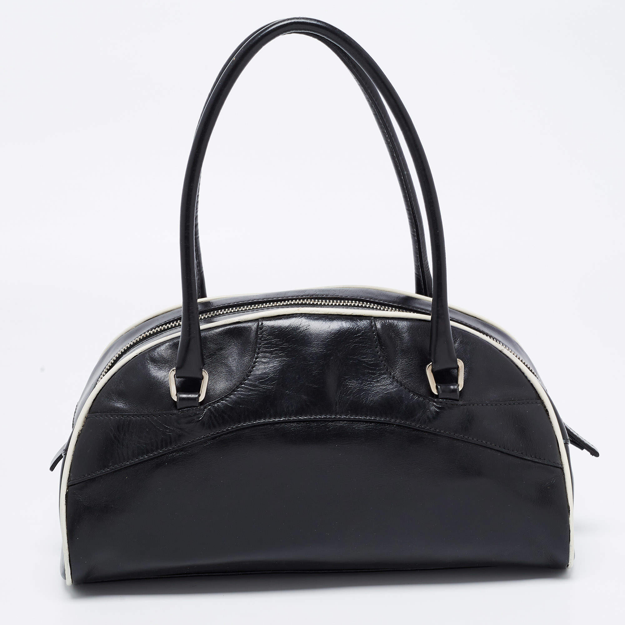 Pre Owned Prada Black/White Leather Bowler Bag