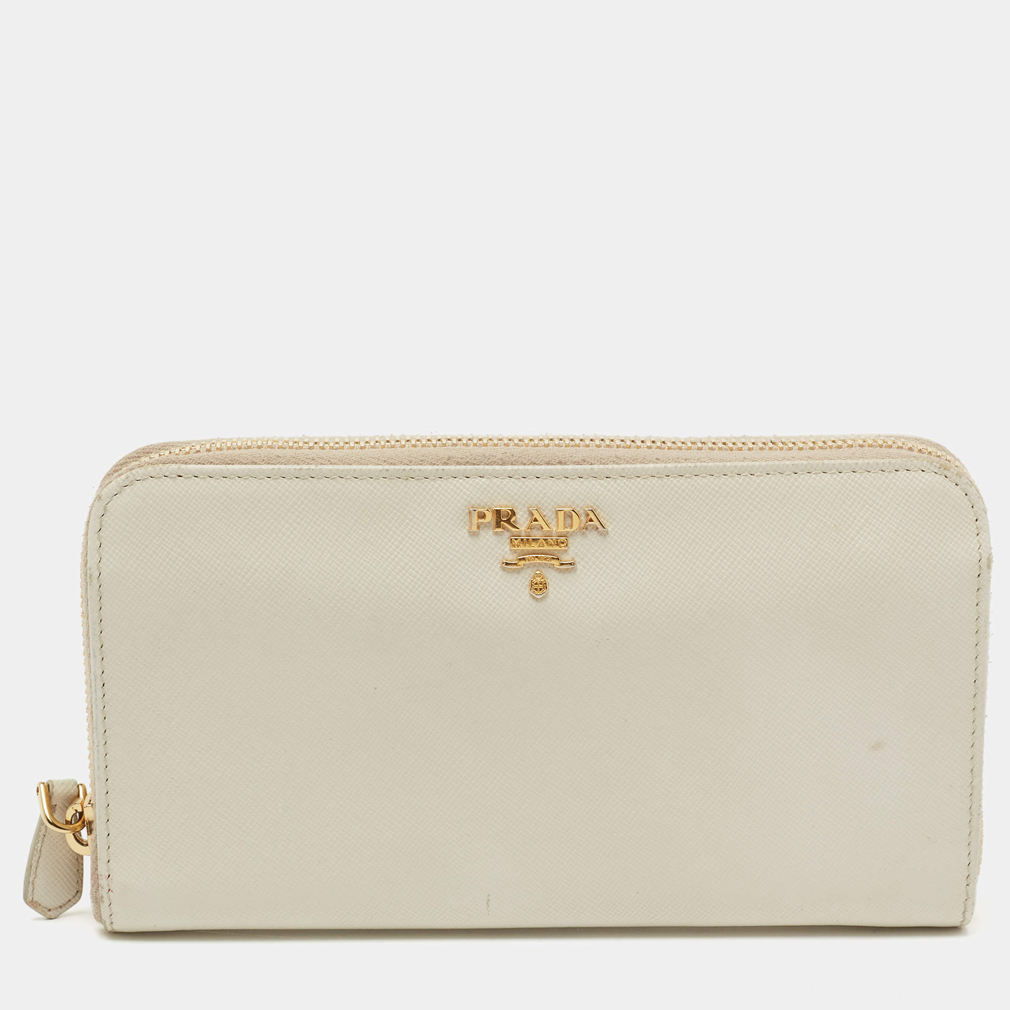 Pre Owned Prada Off White Saffiano Leather Zip Around Wallet