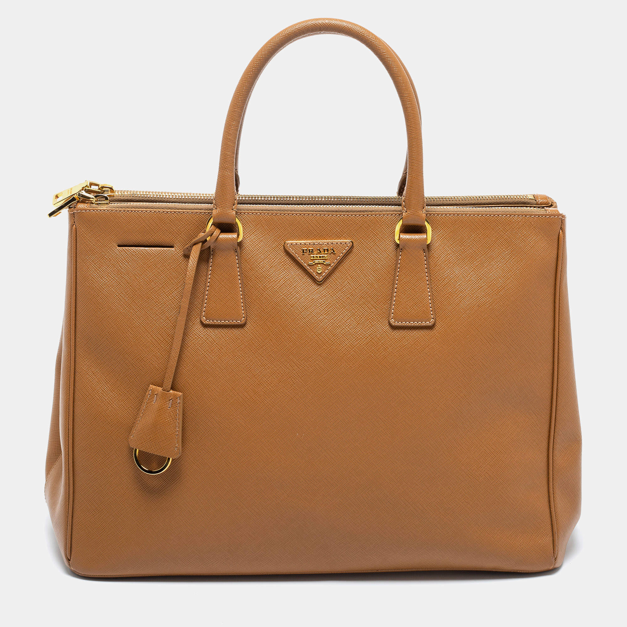 Pre Owned Prada Brown Saffiano Lux Leather Medium Galleria Double Zip Tote