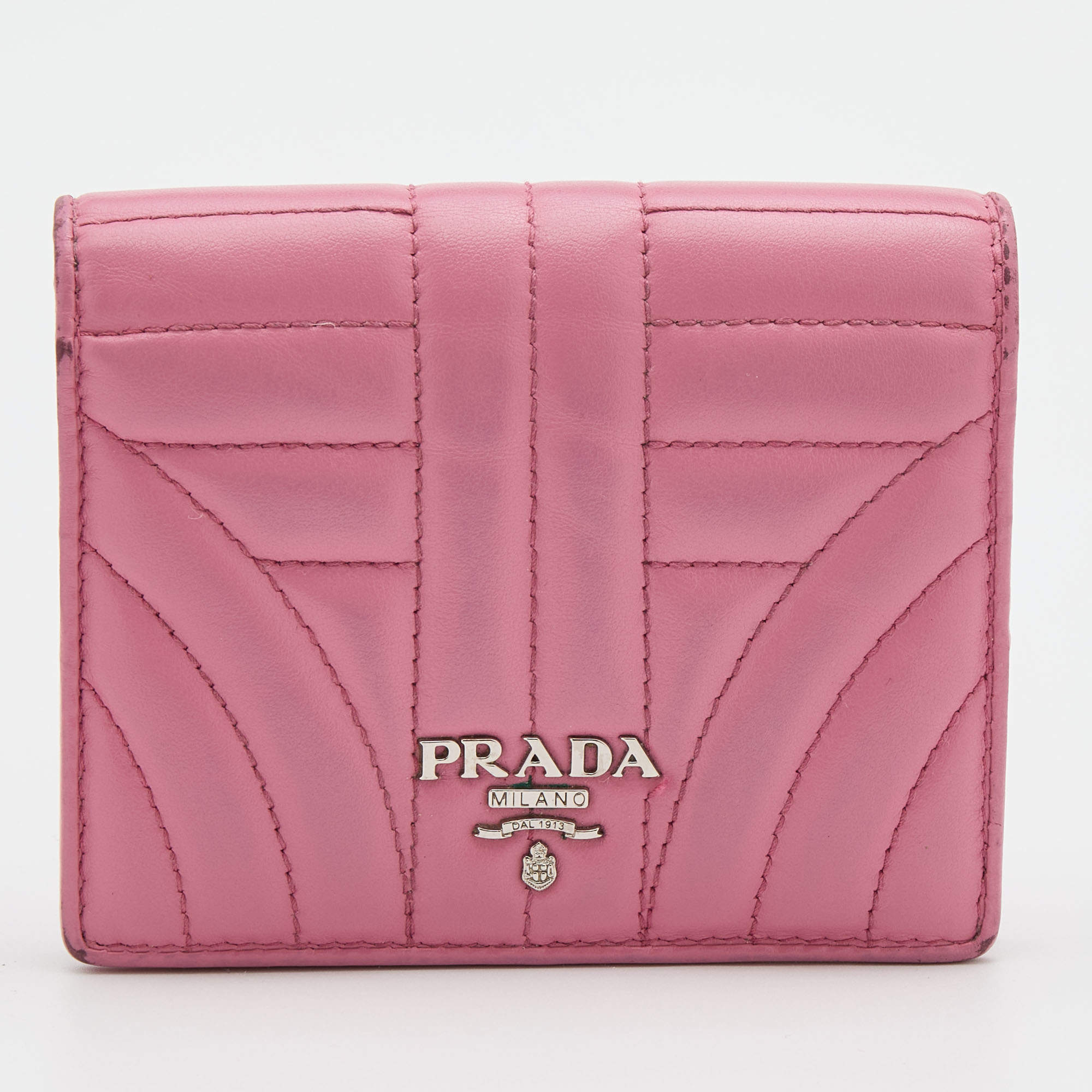 Pre Owned Prada Pink Quilted Leather Logo Embellished Bifold Wallet