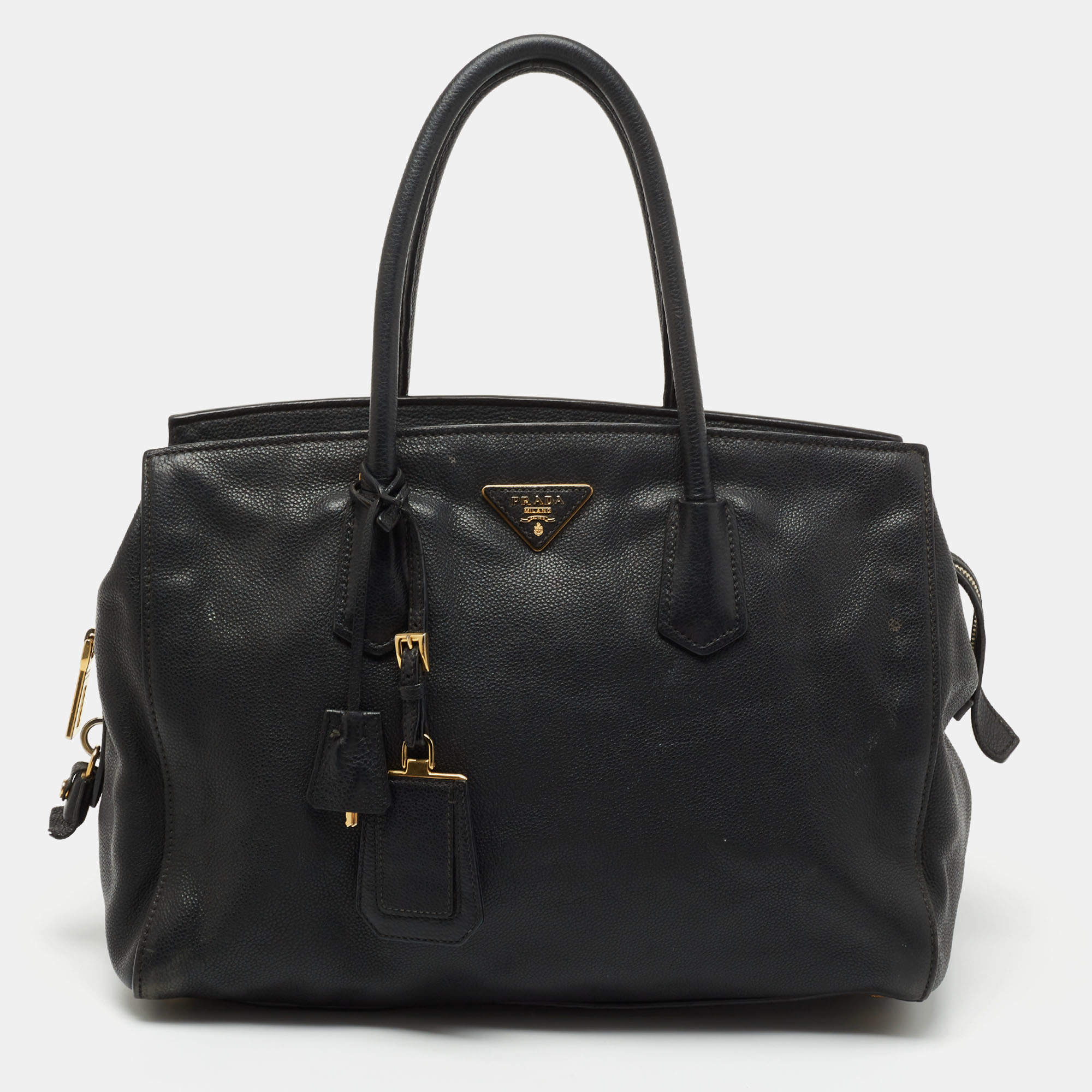 Pre Owned Prada Black Vitello Daino Leather Top Zip Tote
