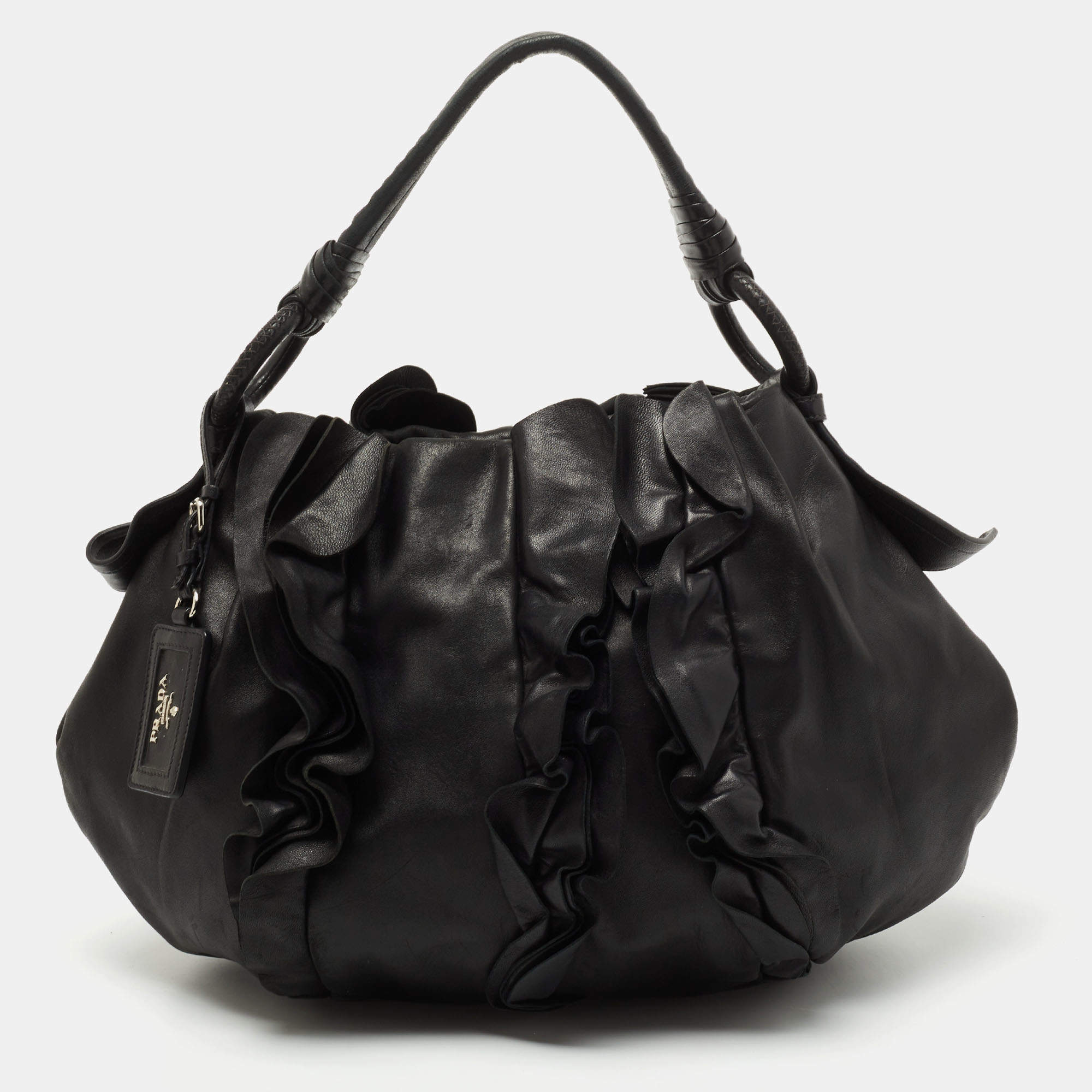 Pre Owned Prada Black Leather Ruffle Hobo