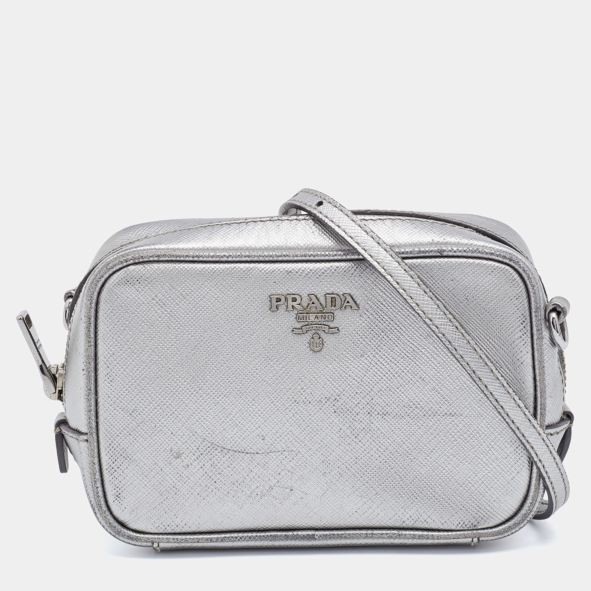 Pre Owned Prada Silver Leather Camera Crossbody Bag