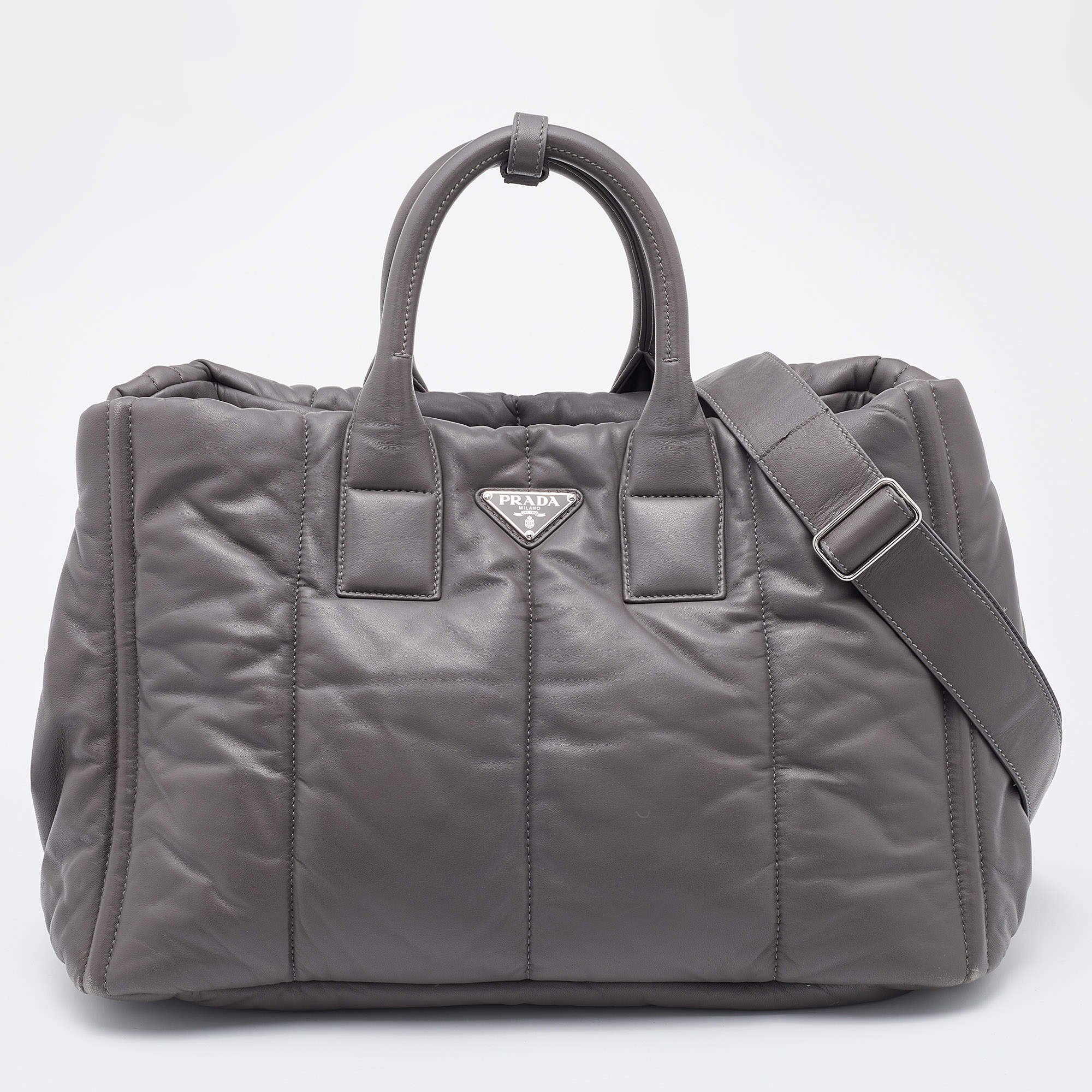 Pre Owned Prada Grey Quilted Leather Bomber Tote
