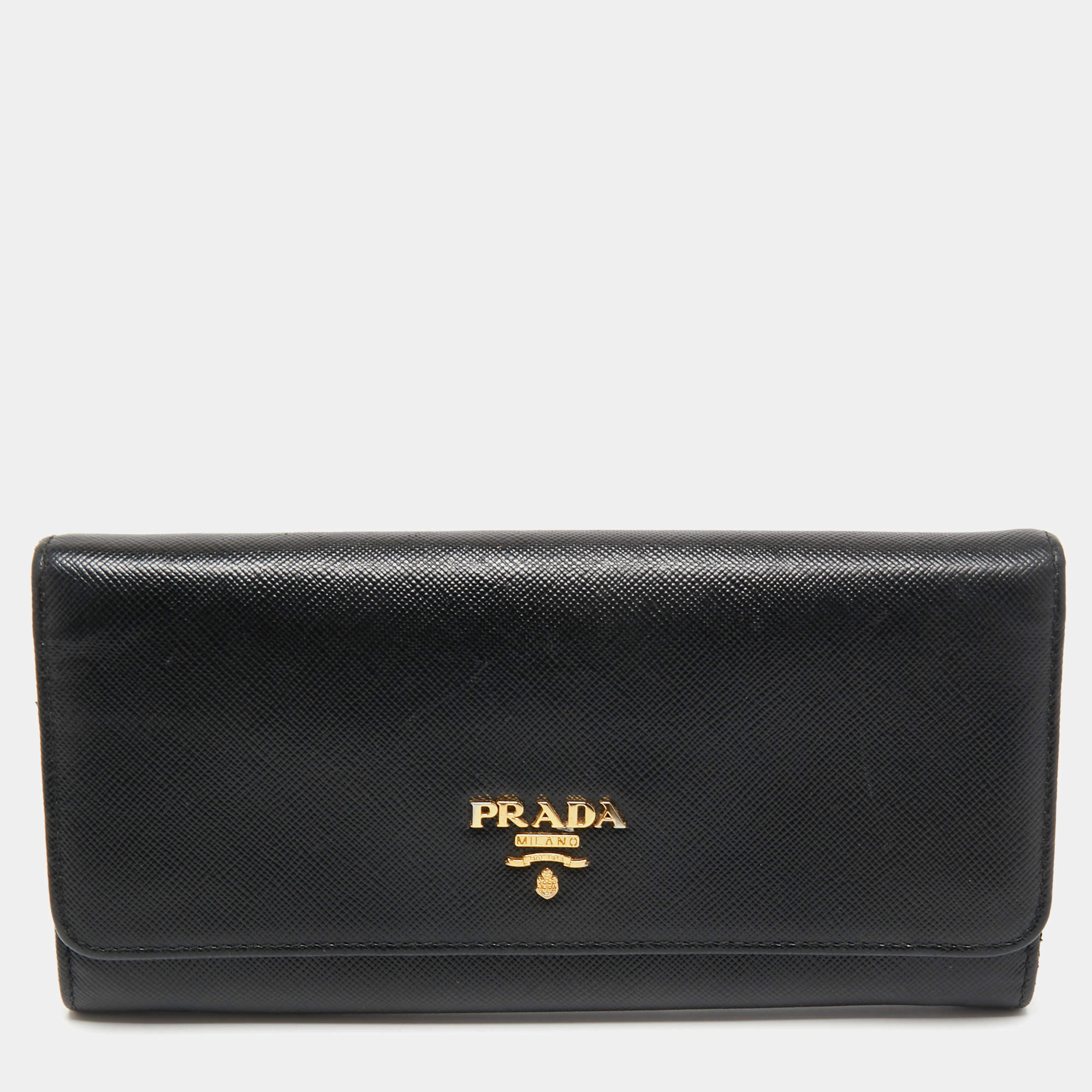 Pre Owned Prada Black Saffiano Leather Continental Wallet