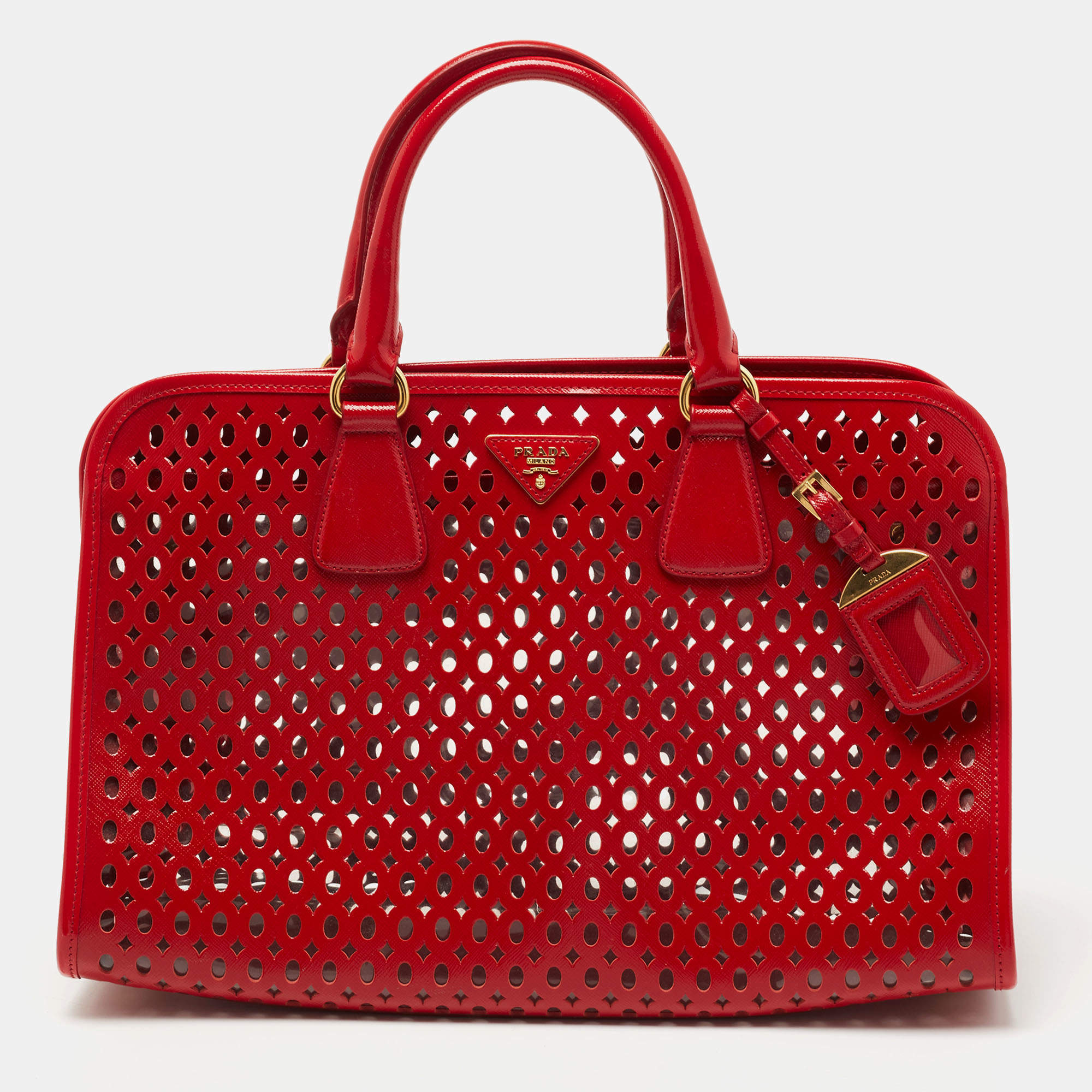 Pre Owned Prada Red Laser Cut Leather Fori Satchel