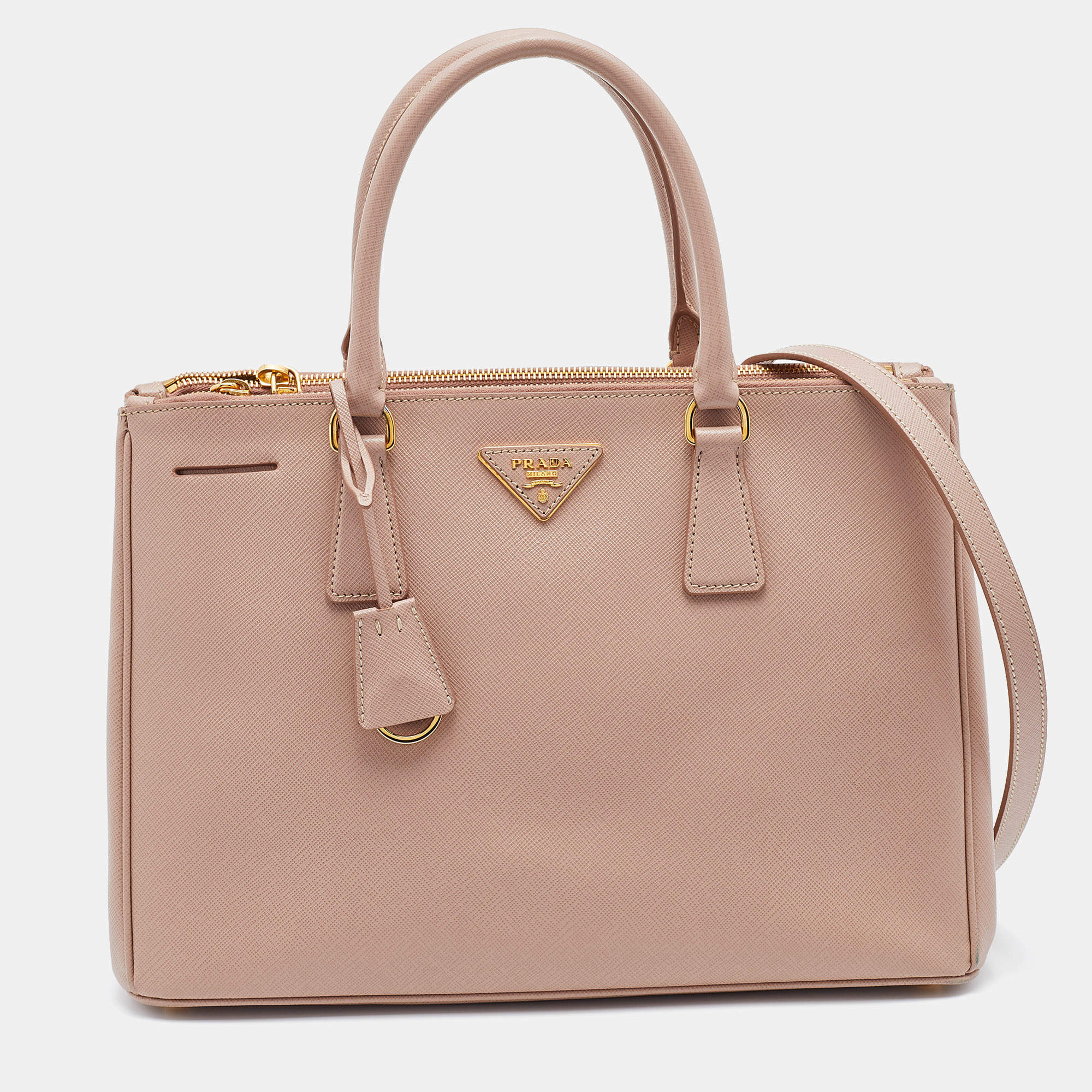 Pre Owned Prada Beige Saffiano Leather Medium Galleria Double Zip Tote