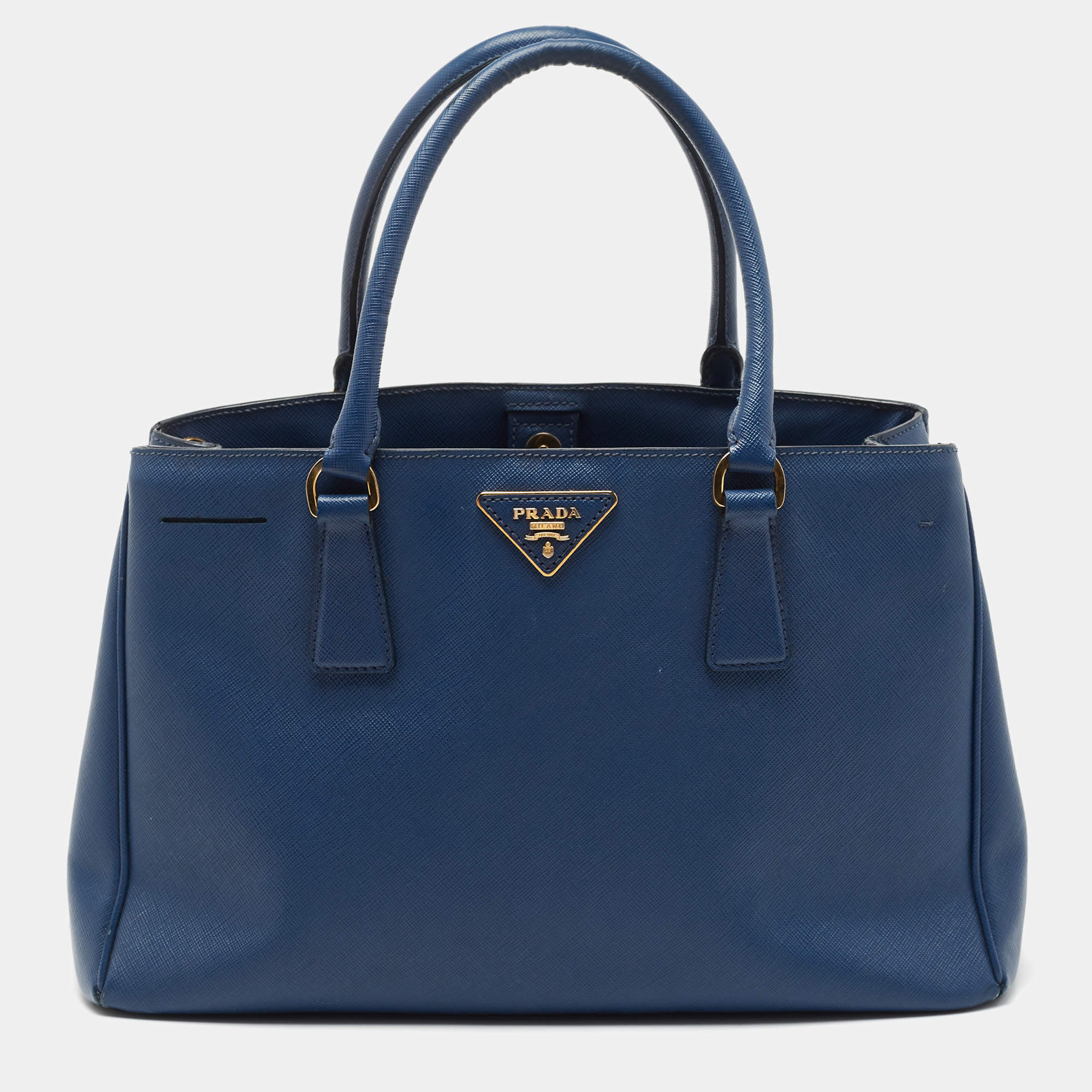 Prada Navy Blue Saffiano Lux Leather Small Middle Zip Tote