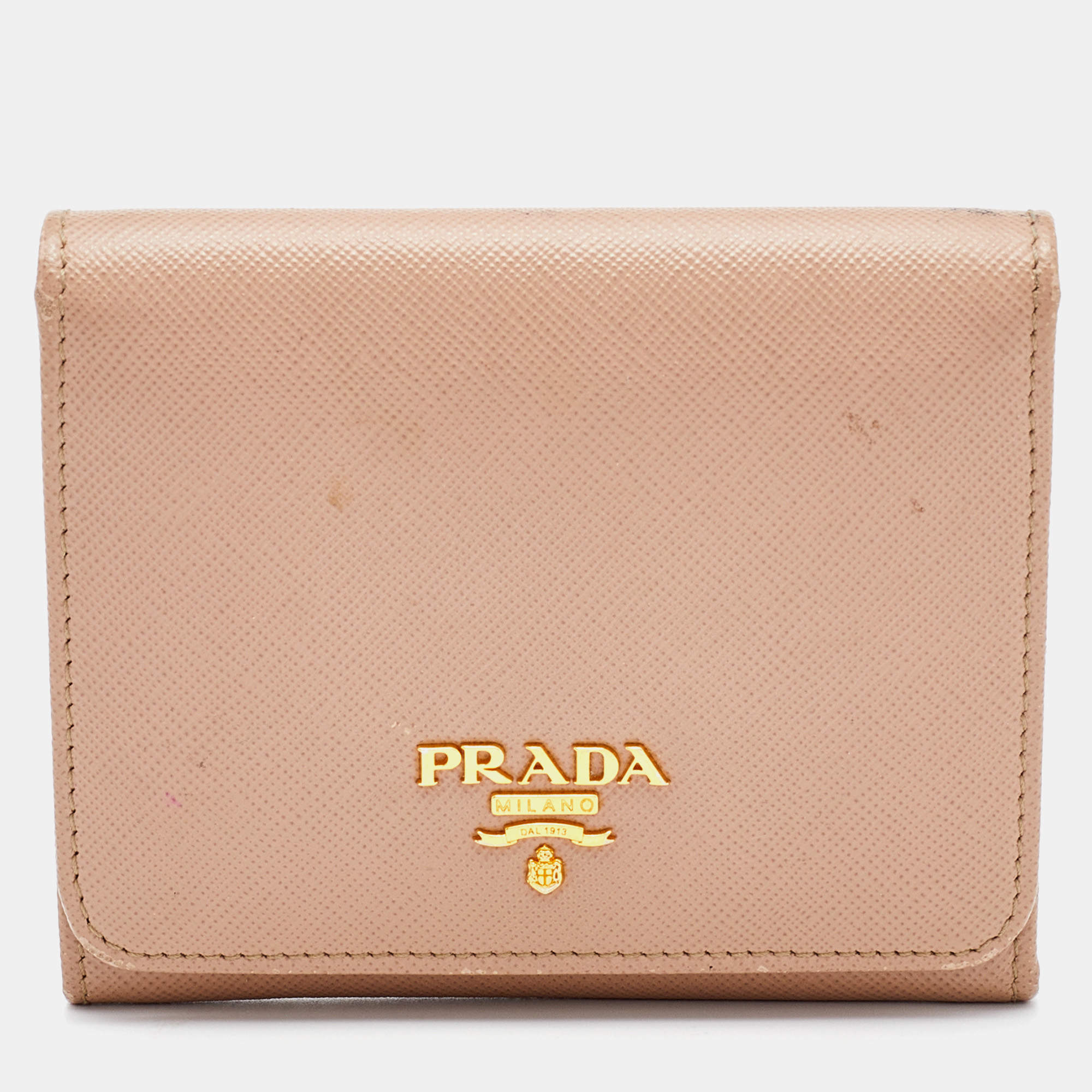 Pre Owned Prada Beige Saffiano Leather Trifold Compact Wallet