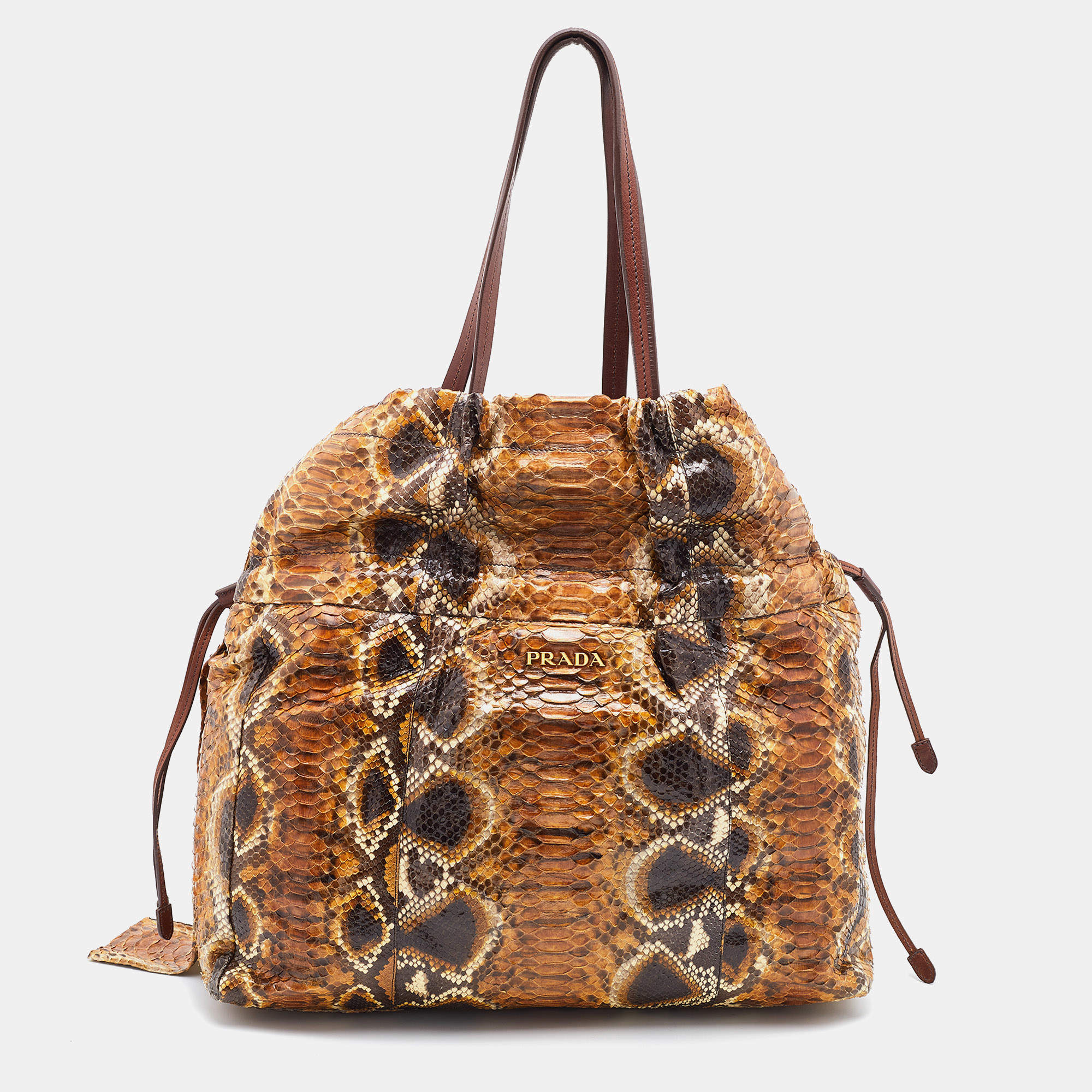 Pre Owned Prada Brown Python Leather Drawstring Bow Tote