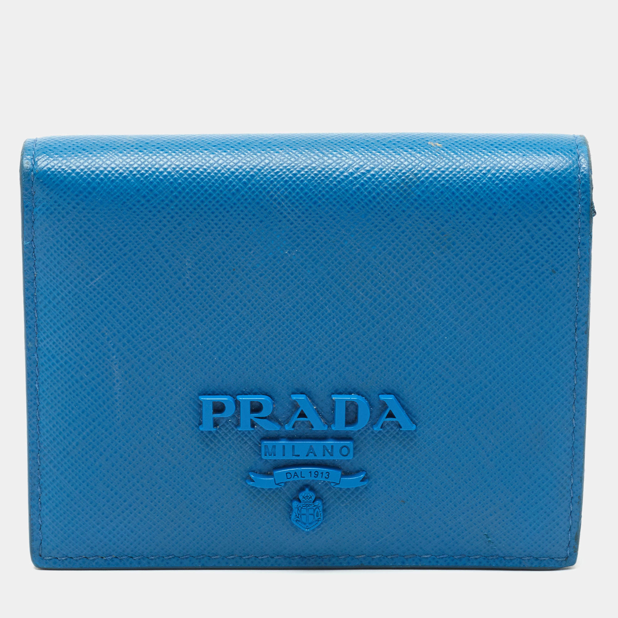 Pre Owned Prada Blue Saffiano Leather Bifold Compact Wallet