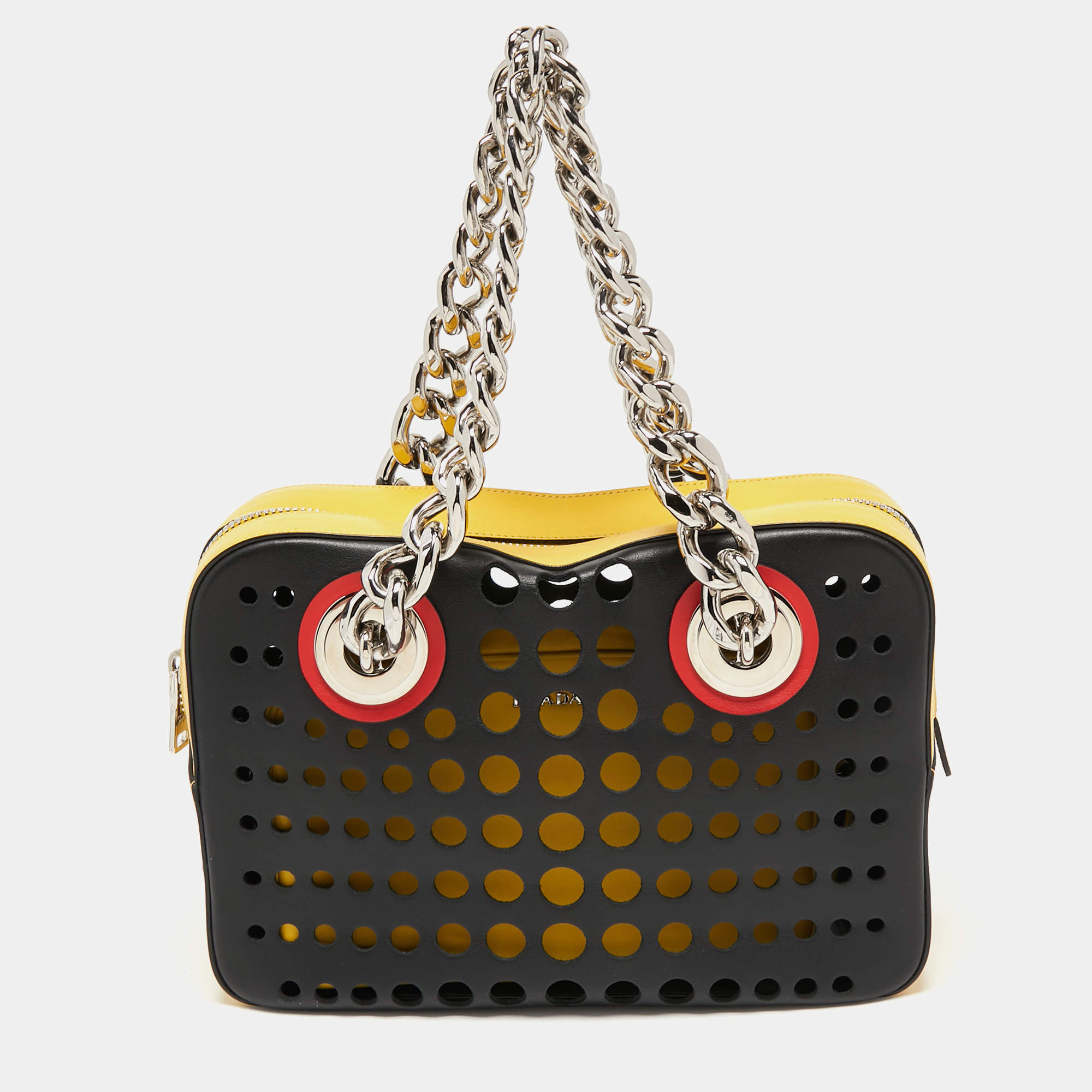 Pre Owned Prada Tri Color Perforated Leather City Fori Chain Bag