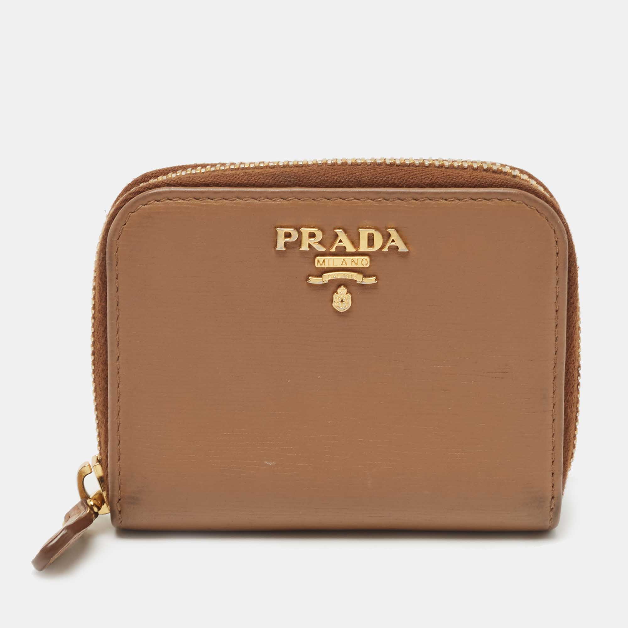 Prada Brown Leather Zip Around Compact Wallet