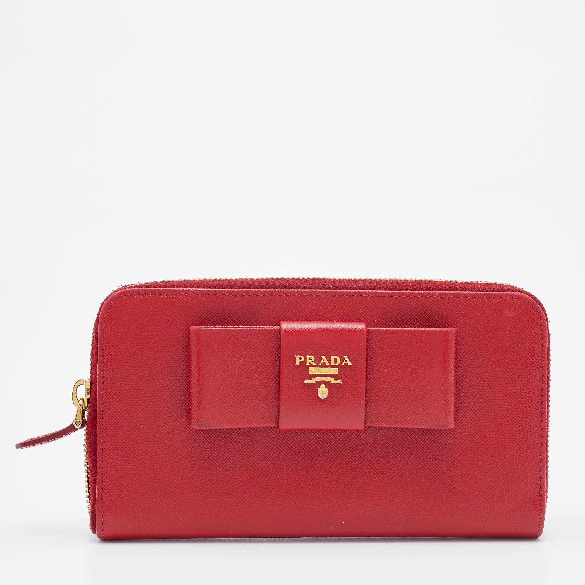 Prada Red Saffiano Leather Bow Zip Around Wallet