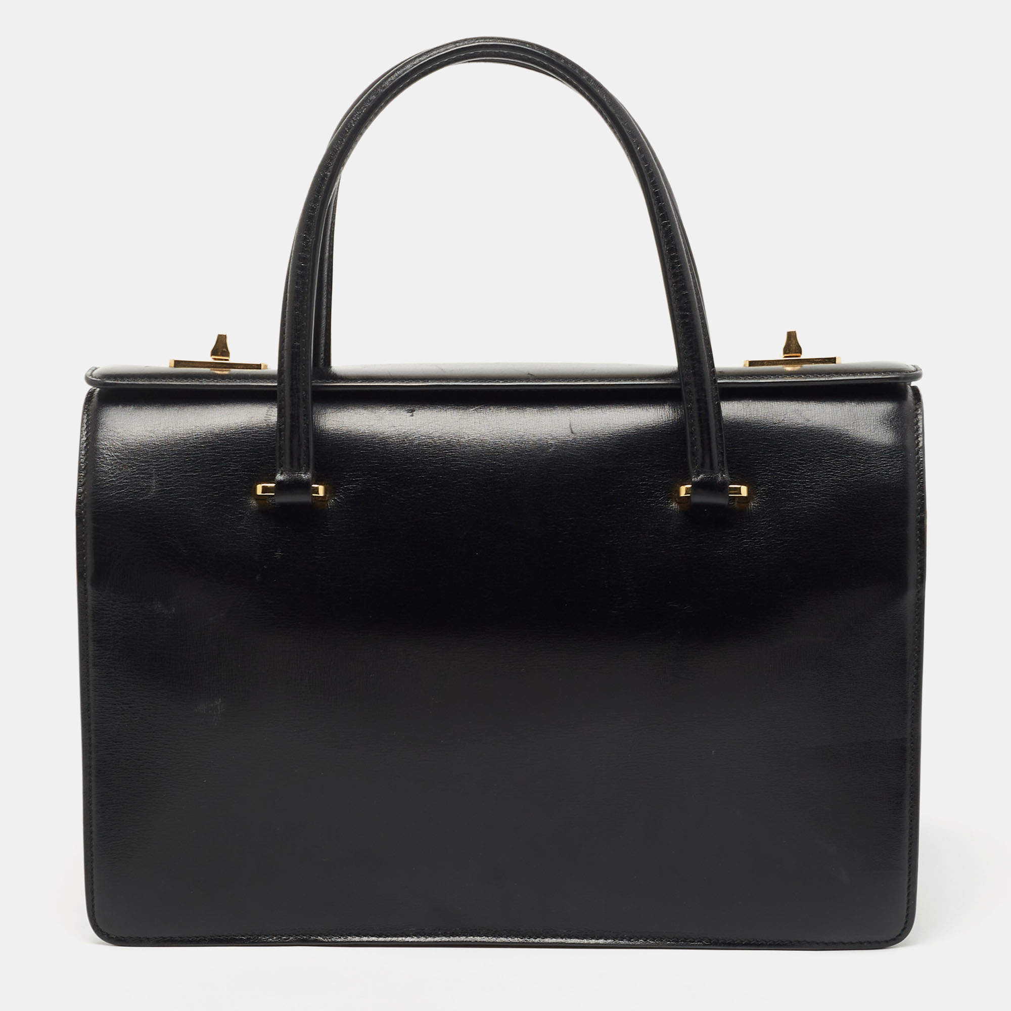 Pre Owned Prada Black/White Leather Turn Lock Satchel 