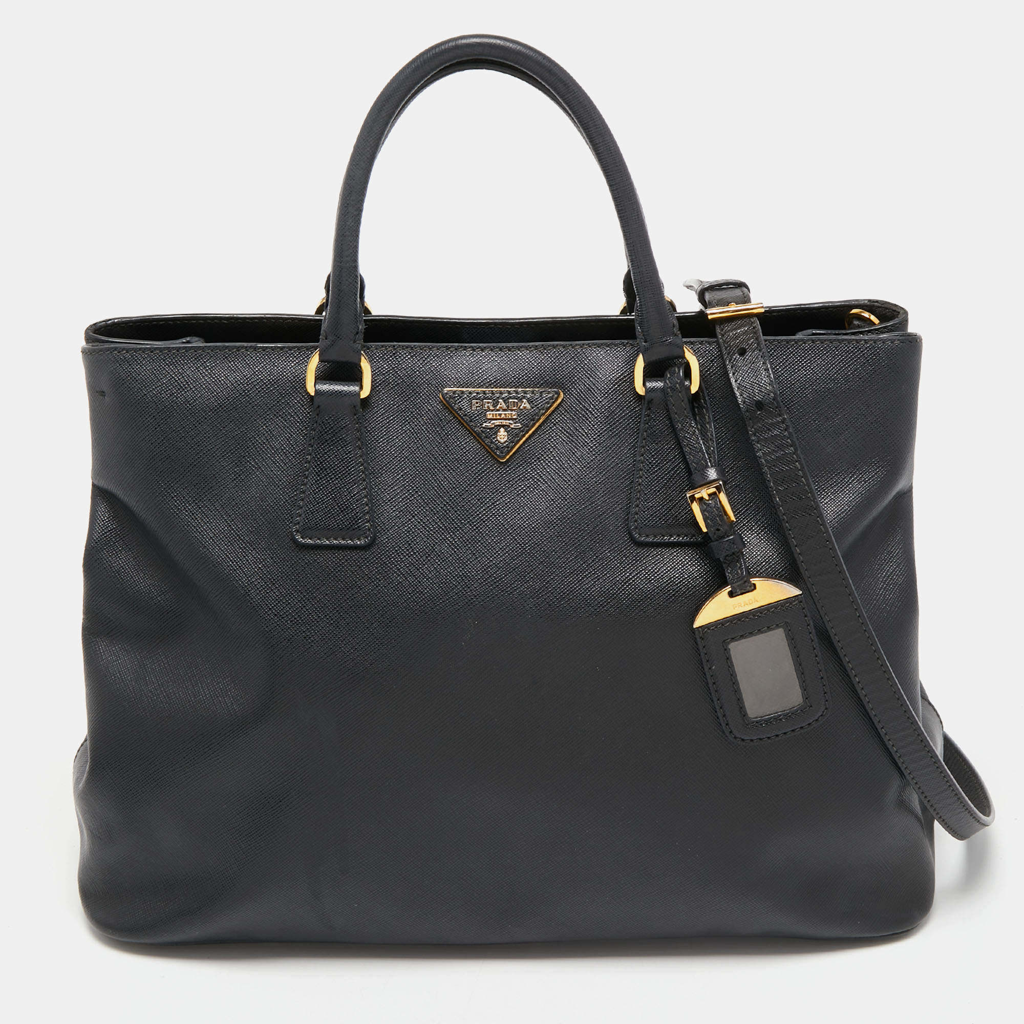 Pre Owned Prada Black Saffiano Lux Leather Medium Galleria Zip Tote