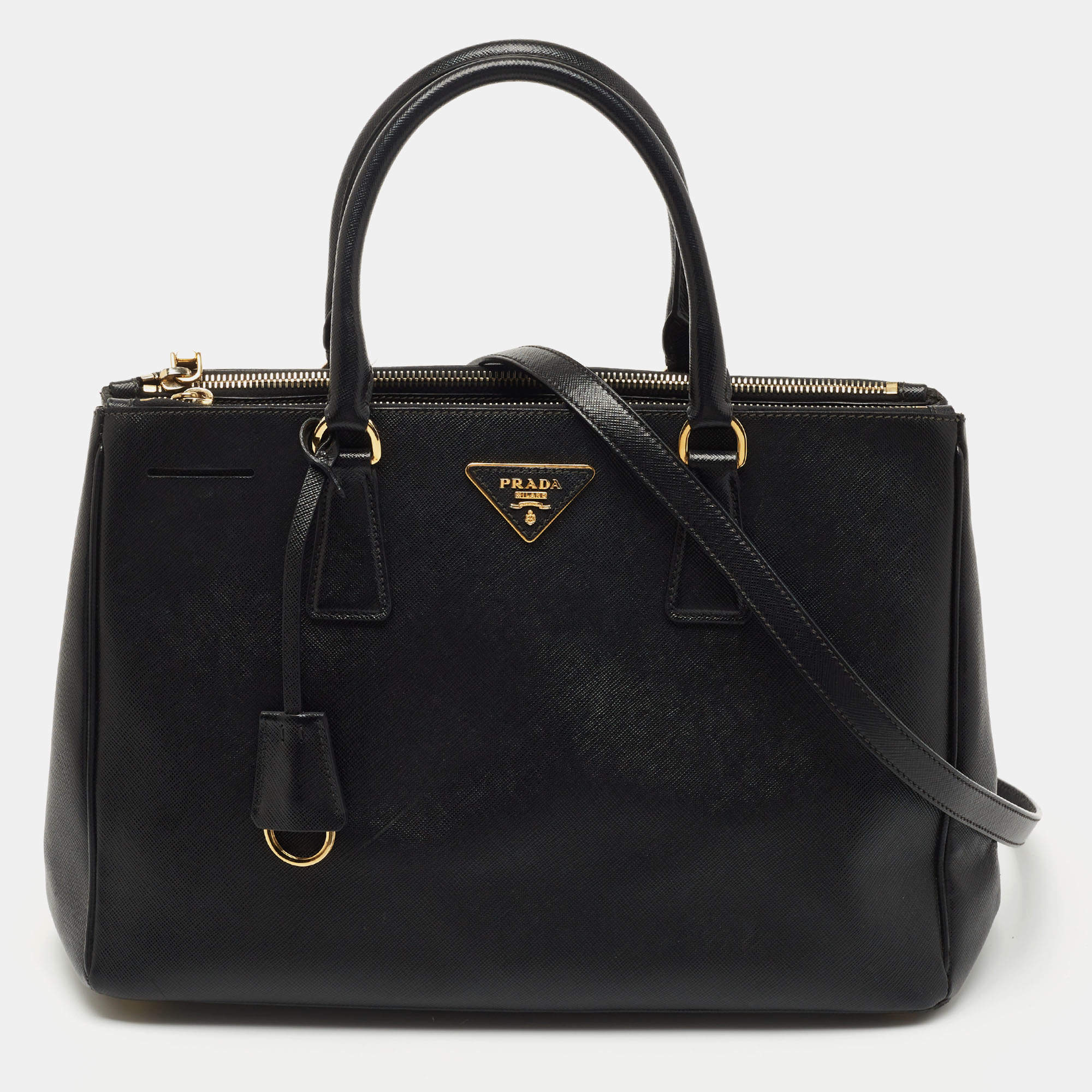 Pre Owned Prada Black Saffiano Lux Leather Medium Double Zip Tote