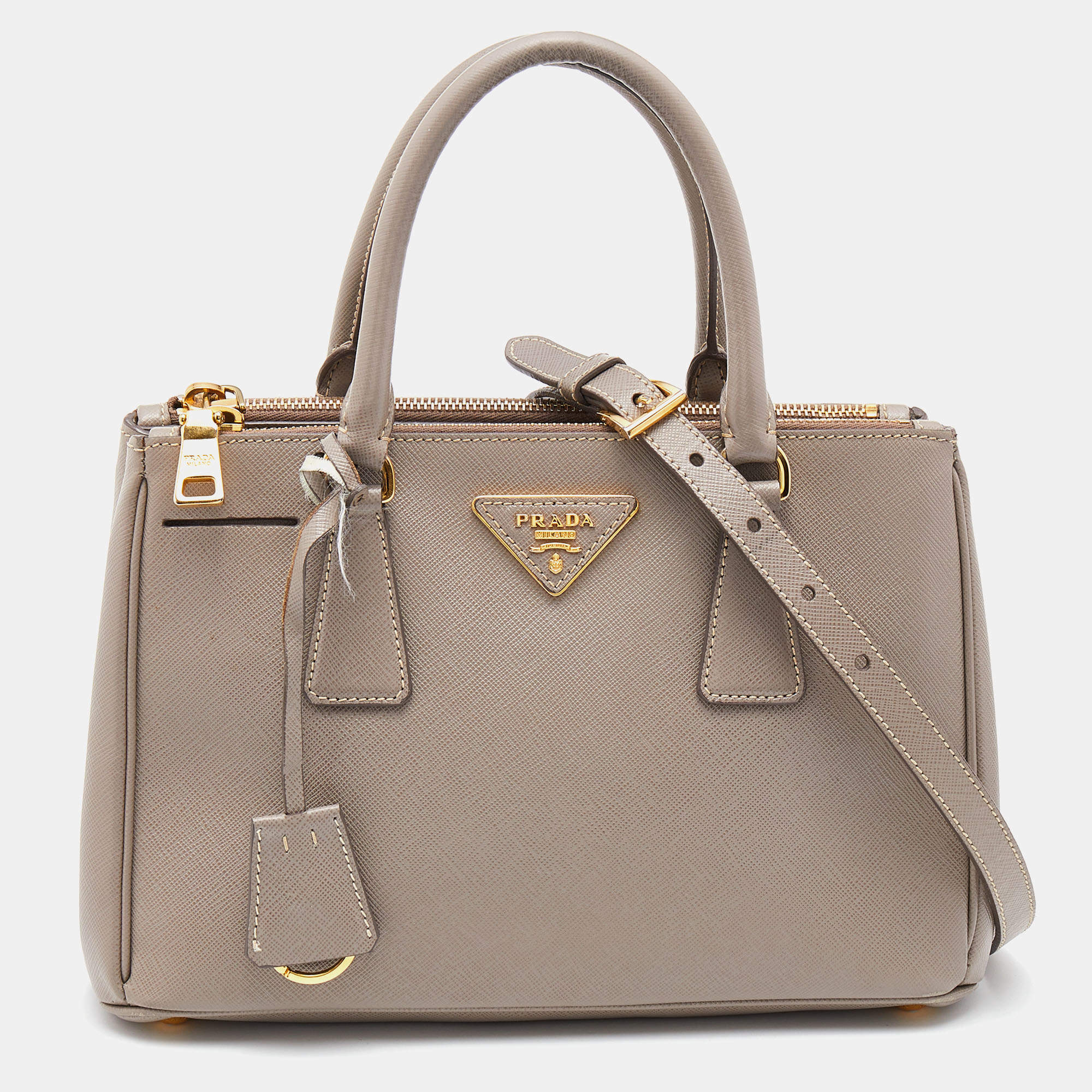 Pre Owned Prada Dark Beige Saffiano Lux Leather Mini Galleria Tote