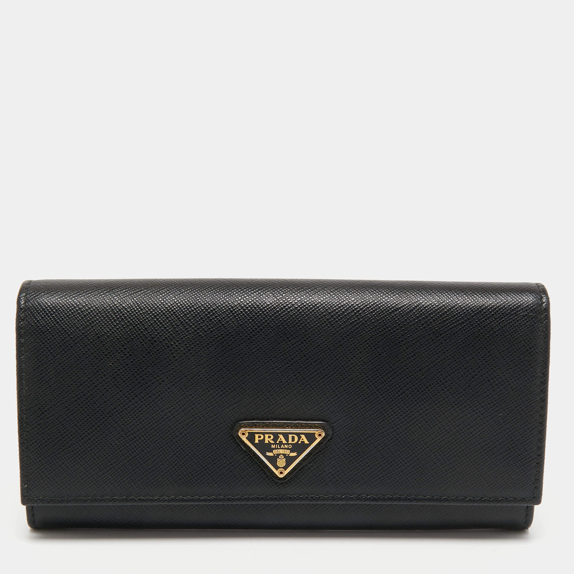 Pre Owned Prada Black Saffiano Metal Leather Logo Flap Continental Wallet