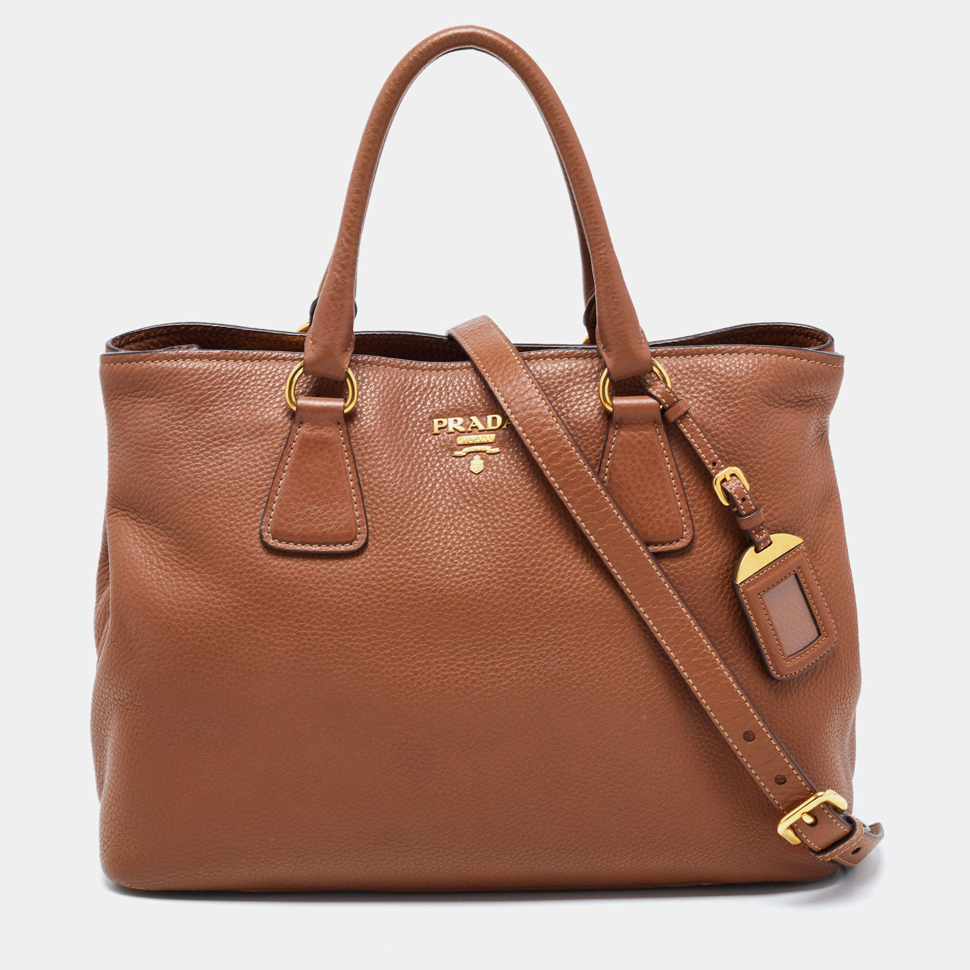 Pre Owned Prada Brown Vitello Daino Leather Middle Zip Tote