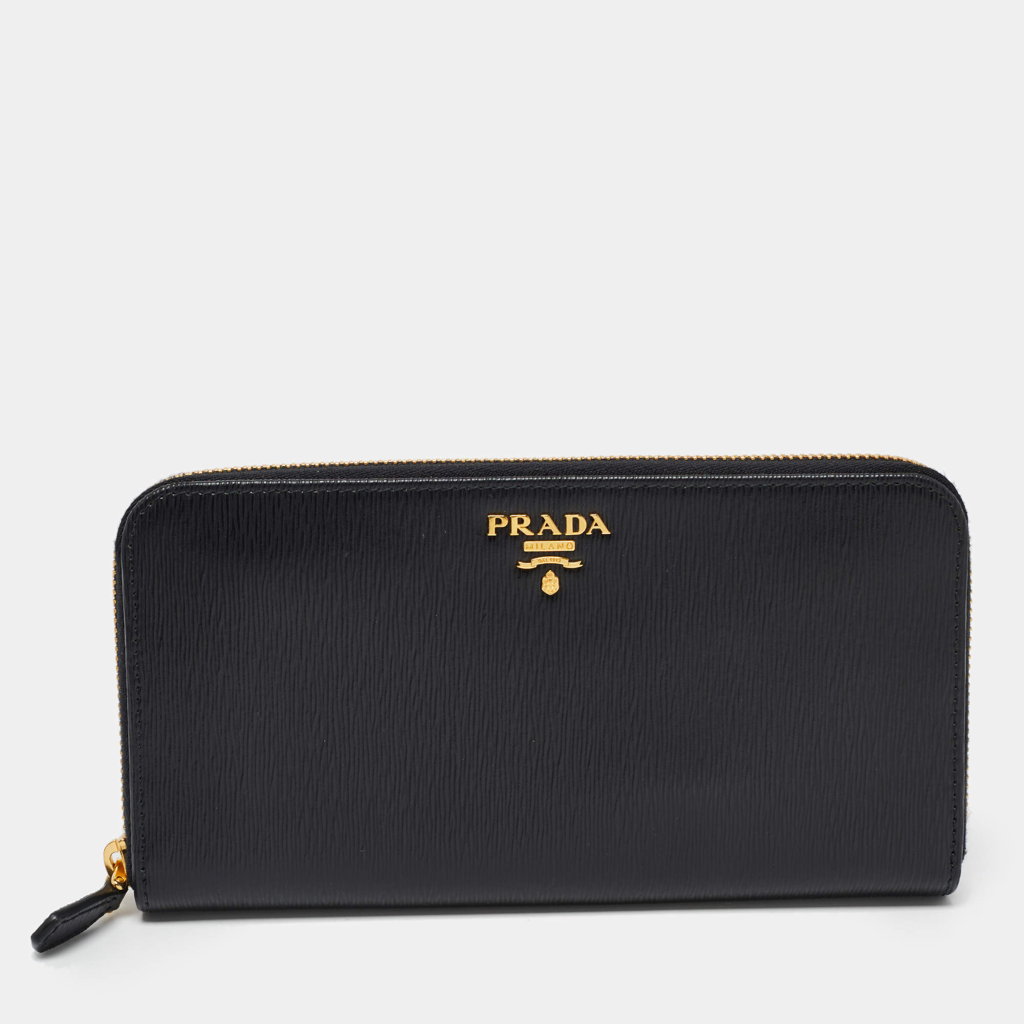 Pre Owned Prada Black Move Leather Zip Around Continental Wallet