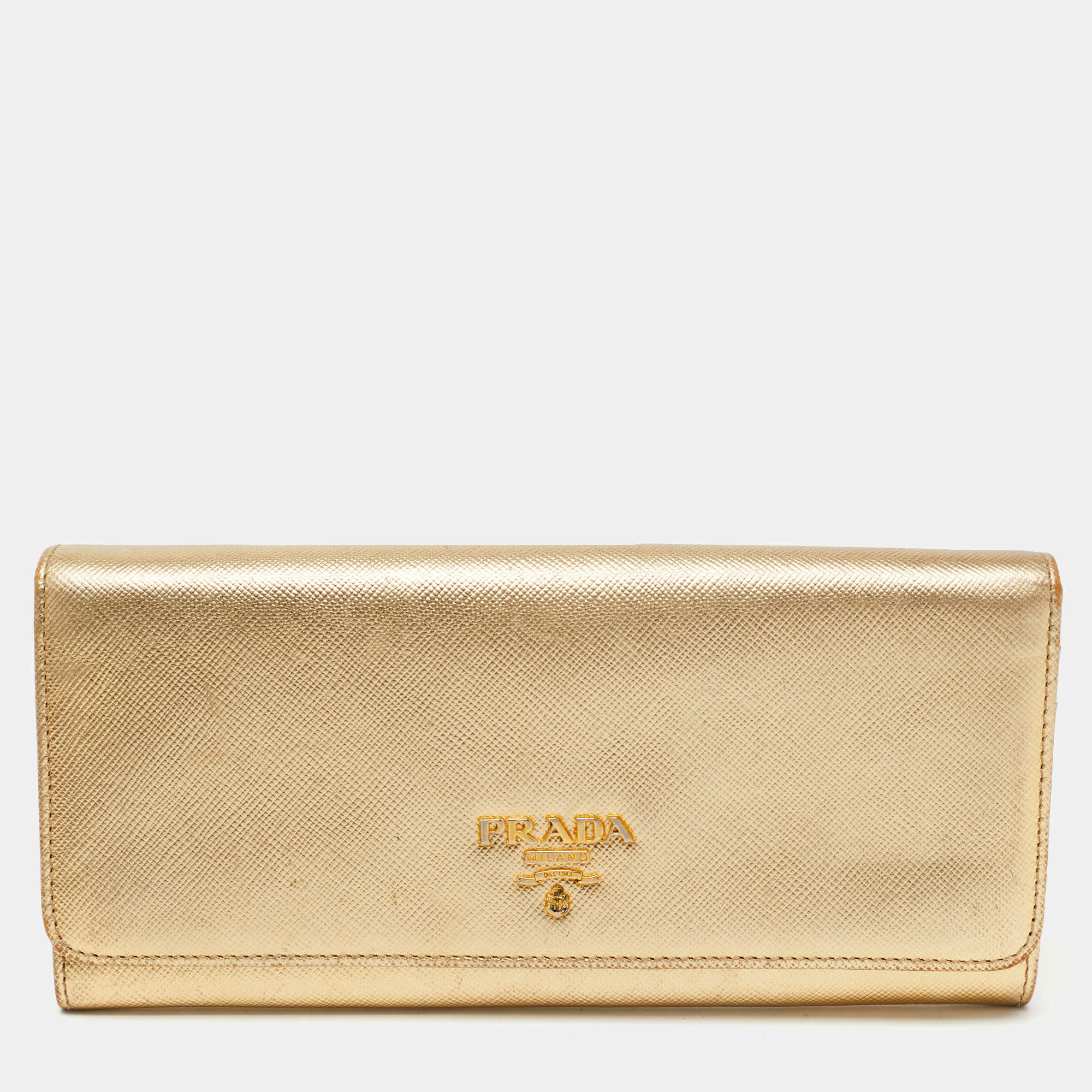 Prada Gold Saffiano Metal Leather Logo Flap Continental Wallet Prada | TLC