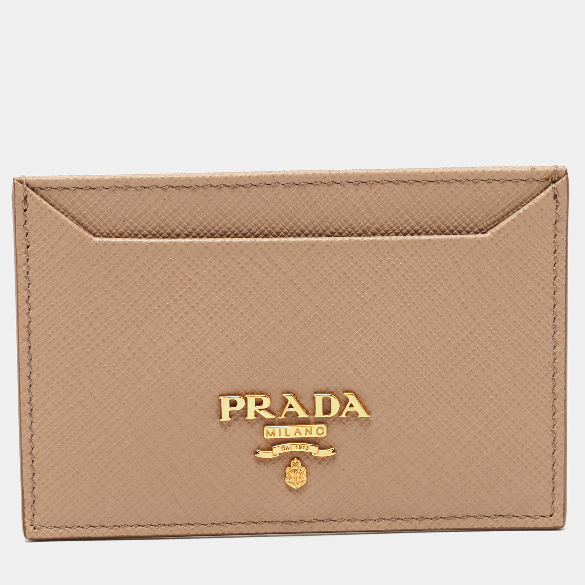 مملوكة مسبقًا Prada Beige Saffiano Metal Leather Card Holder
