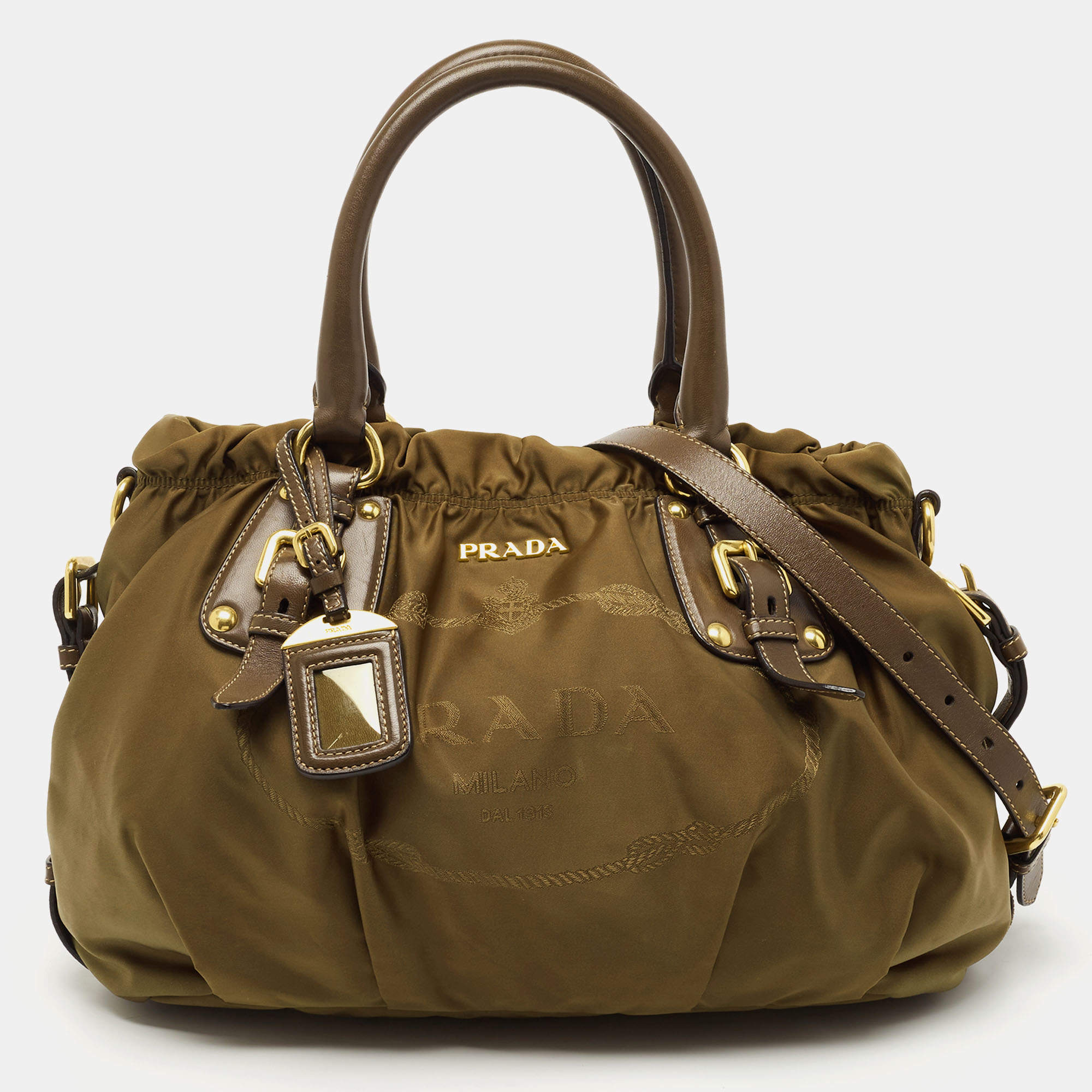Pre Owned Prada Olive Green Nylon and Leather Satchel