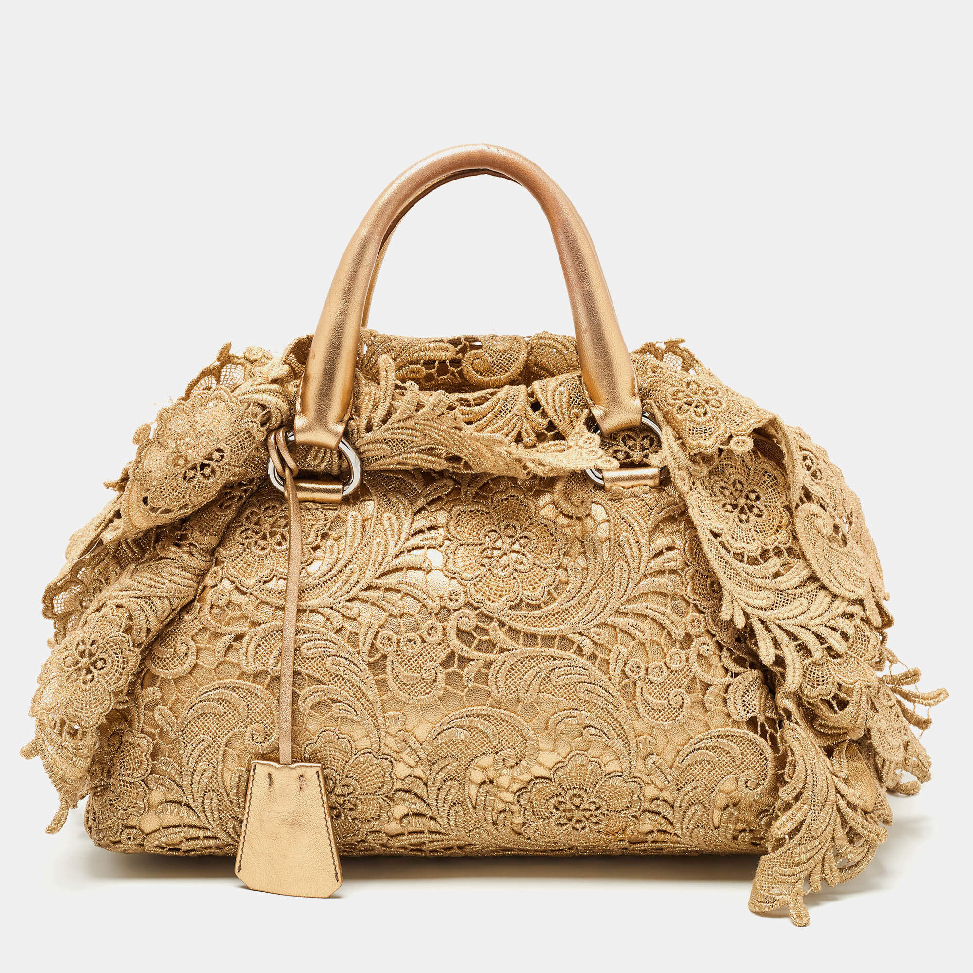 Prada, Bags, New Gold Prada Leather And Lace Bag