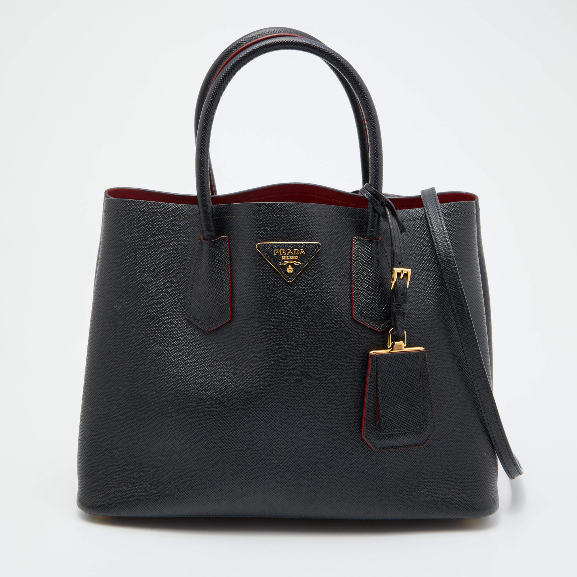 Pre Owned Prada Black Saffiano Cuir Leather Medium Double Handle Tote