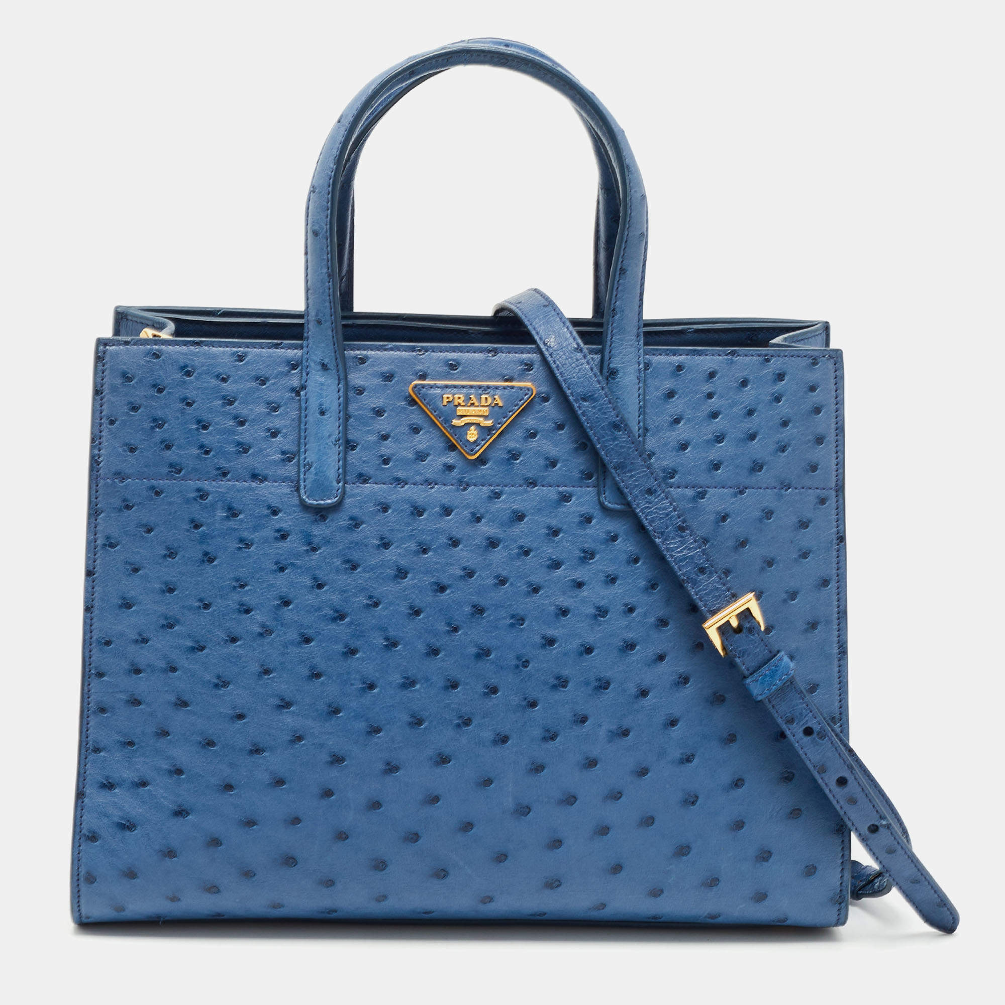 Pre Owned Prada Blue Ostrich Double Handle Tote