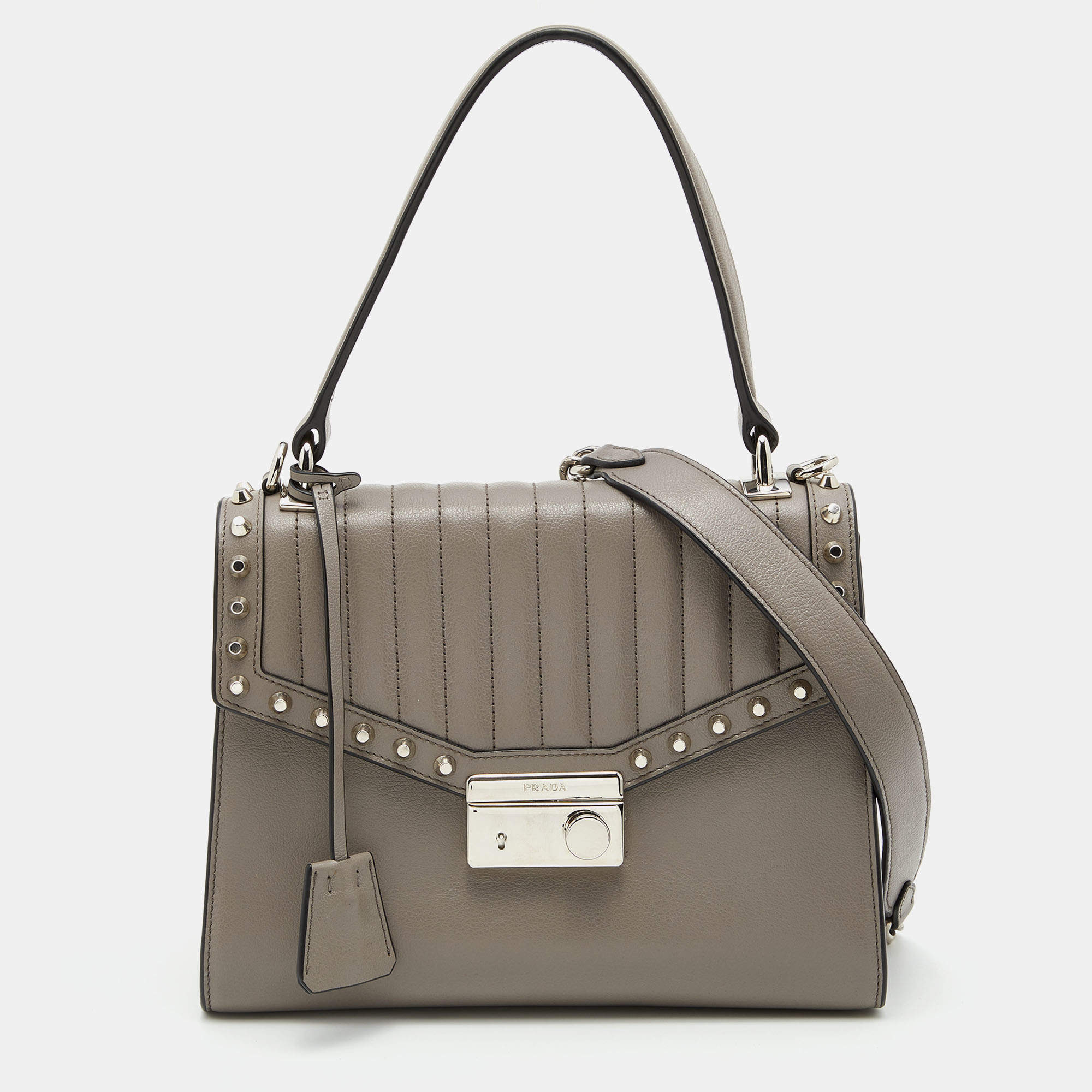 Prada Grey Glace Leather Studded Sound Top Handle Bag